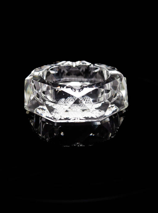 ROOR Glass Crystal Cut Ashtray Strains Pineapple Express with hand-cut crystal and sandblasted engraved design on black background