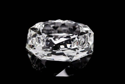 ROOR Glass Crystal Cut Ashtray Strains Presidential OG clear hand-cut crystal ashtray with faceted design on black background