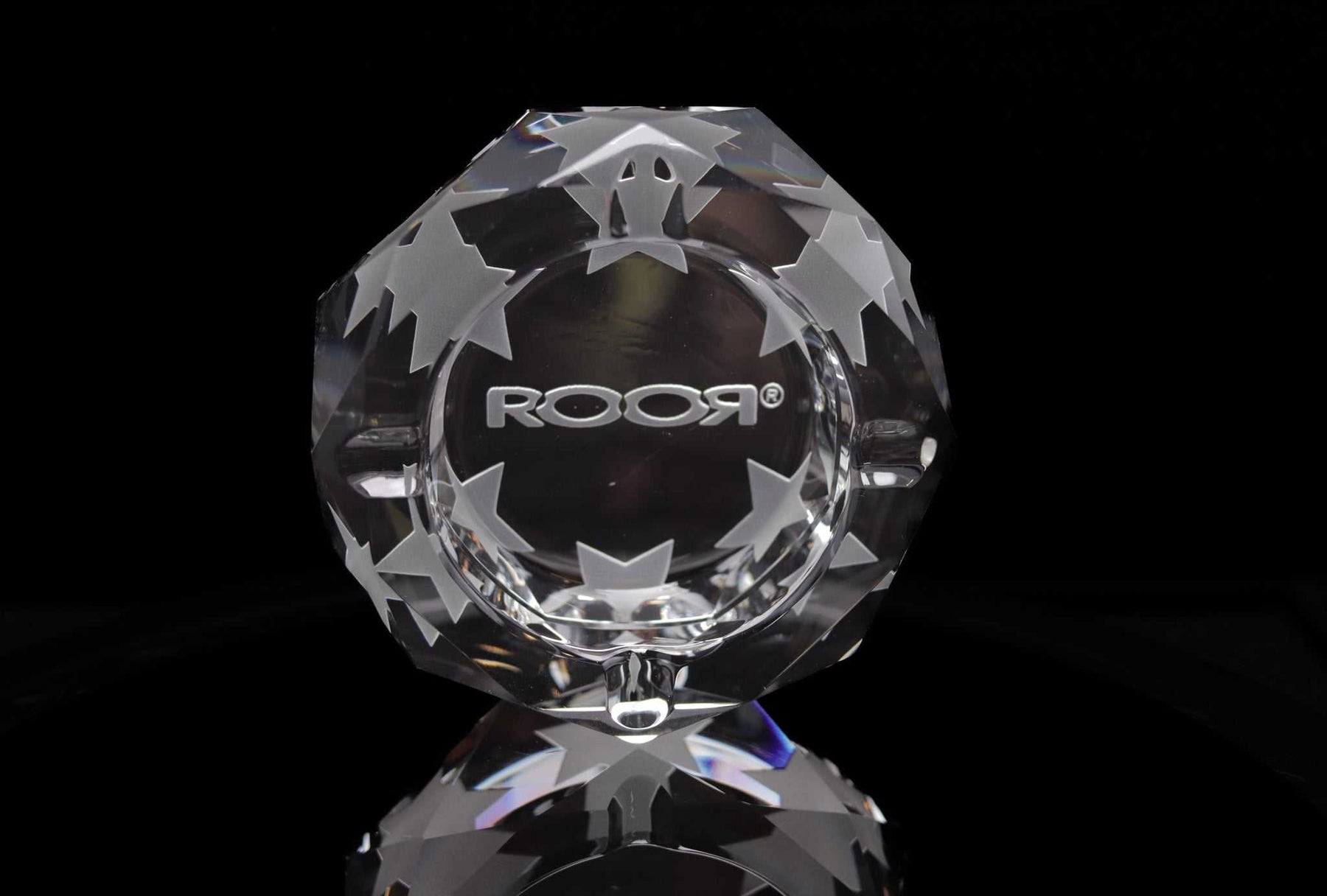 ROOR Glass Crystal Cut Ashtray Strains Presidential OG with star engravings and clear crystal design