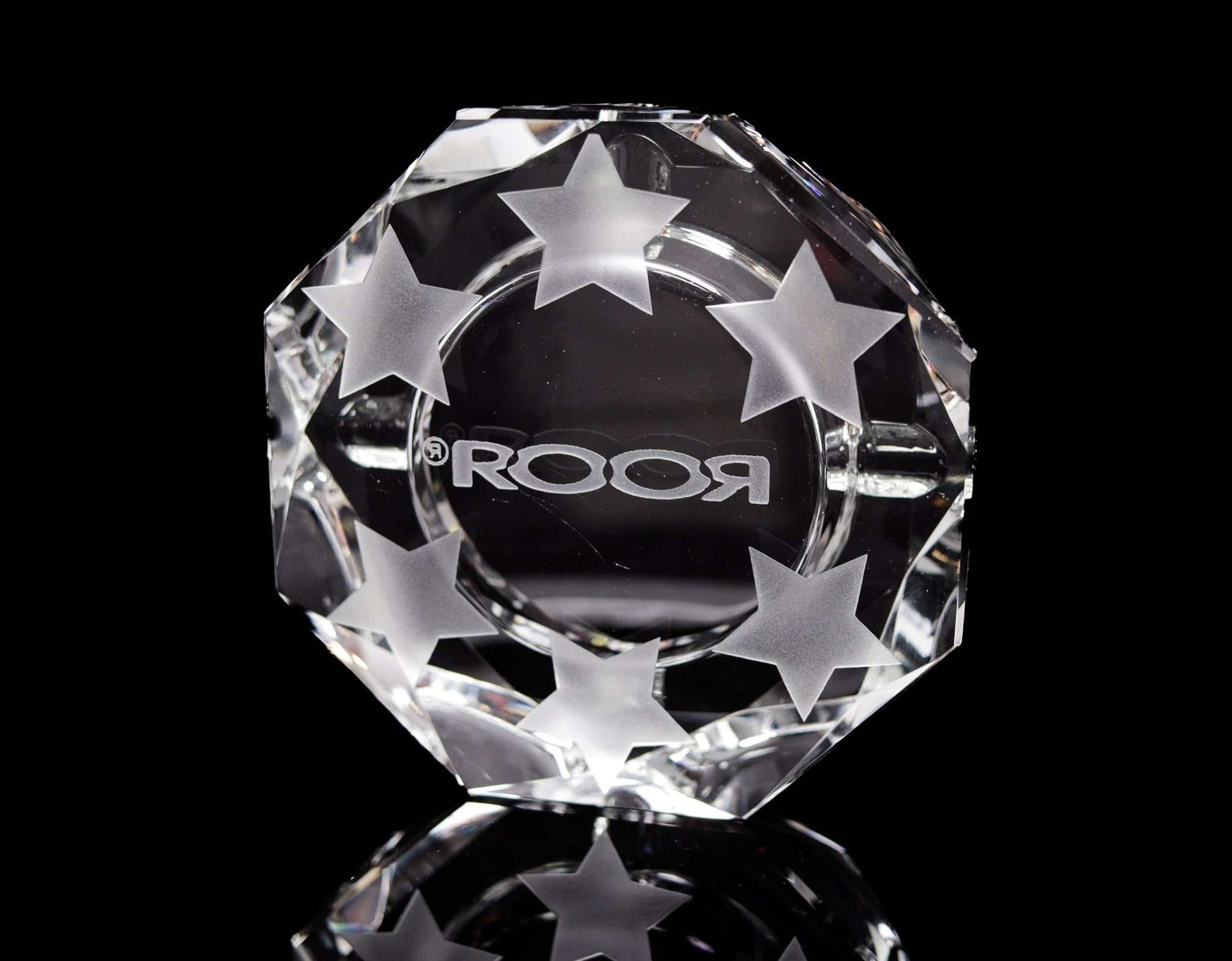 ROOR Glass Crystal Cut Ashtray Strains Presidential OG with engraved stars and clear crystal design