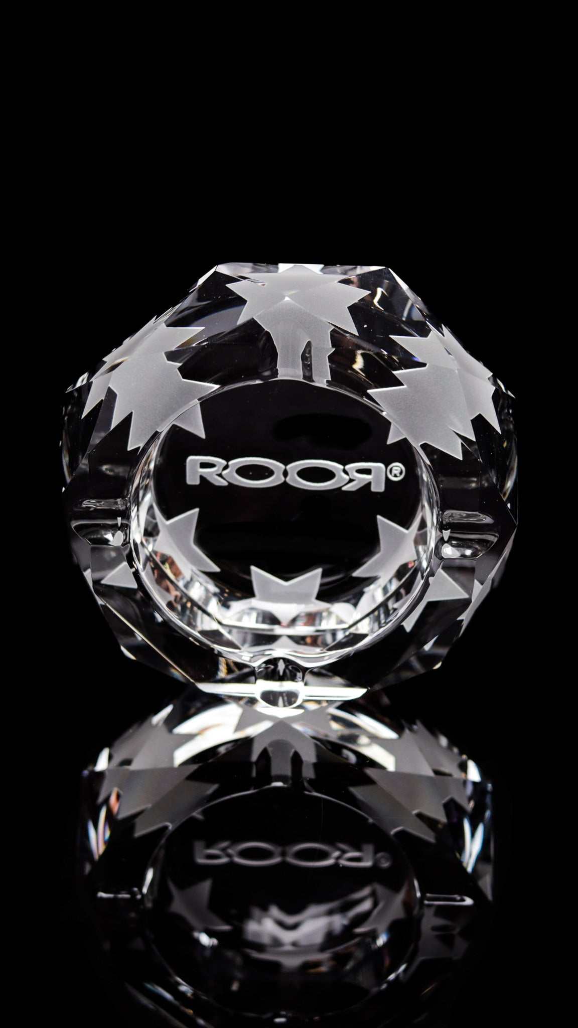 ROOR Glass Crystal Cut Ashtray Strains Presidential OG with hand-cut star pattern and engraved logo on black background