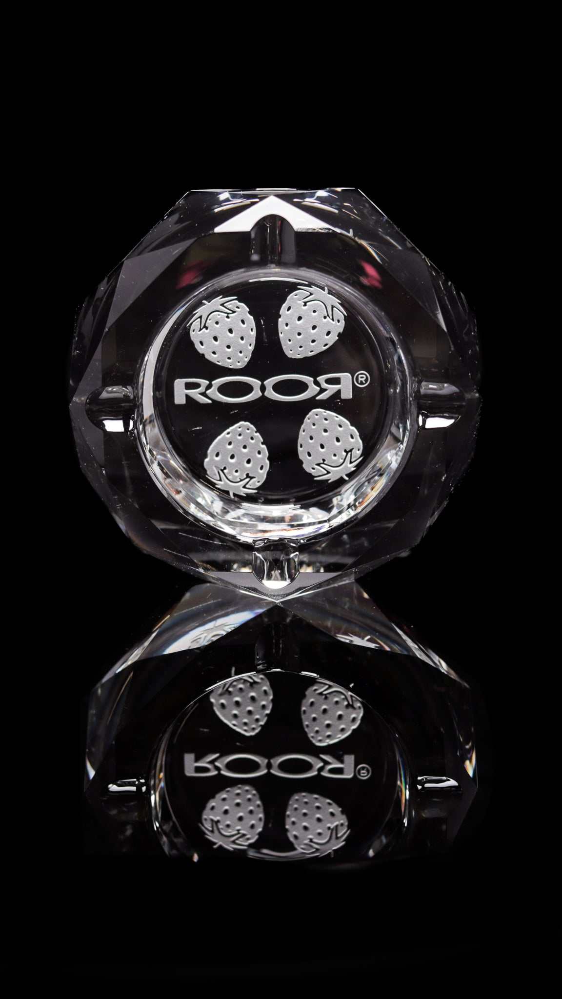 ROOR Glass Crystal Cut Ashtray Strains Strawberry Dream with strawberry design, limited edition.
