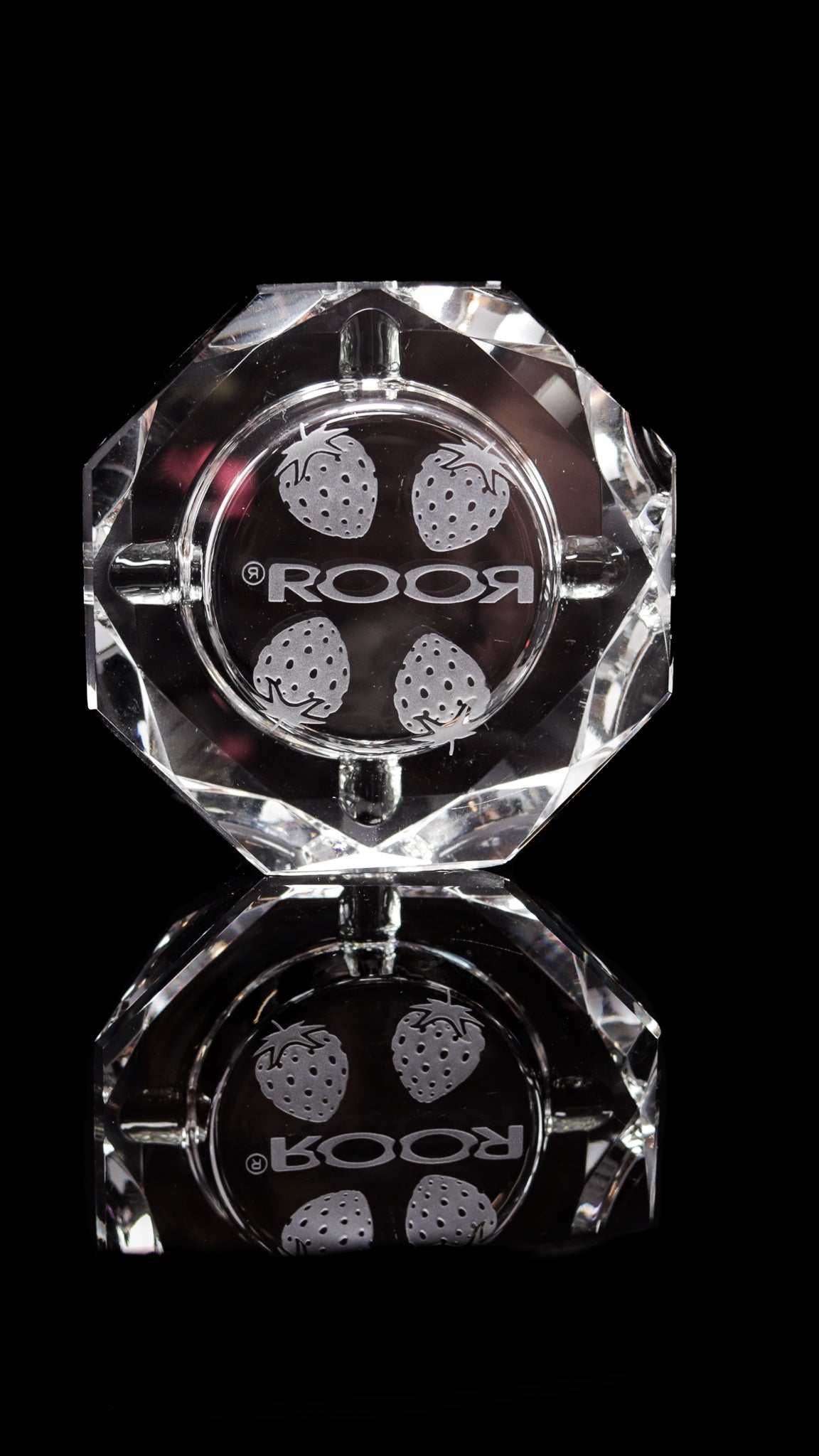 ROOR Glass Crystal Cut Ashtrays Strains Strawberry Dream with engraved strawberries.