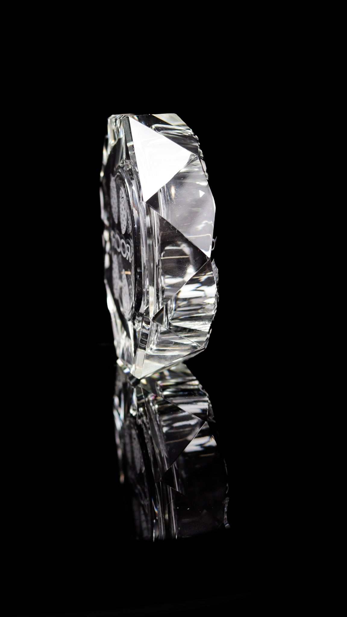 ROOR Glass Crystal Cut Ashtray Strains Strawberry Dream elegant side view.