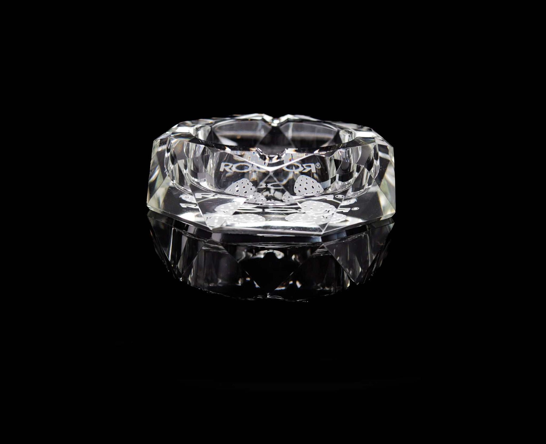 ROOR Glass Crystal Cut Ashtray Strains Strawberry Dream, hand-cut with sandblasted engraving.