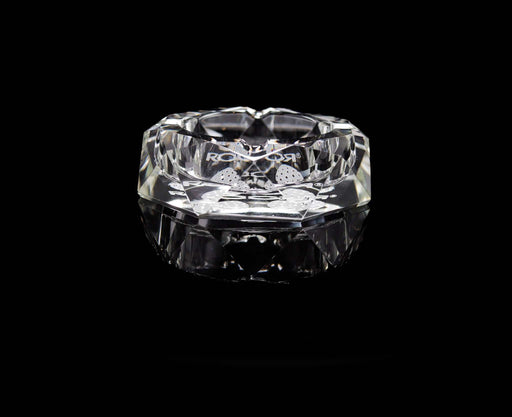 ROOR Glass Crystal Cut Ashtray Strains Strawberry Dream, hand-cut with sandblasted engraving.