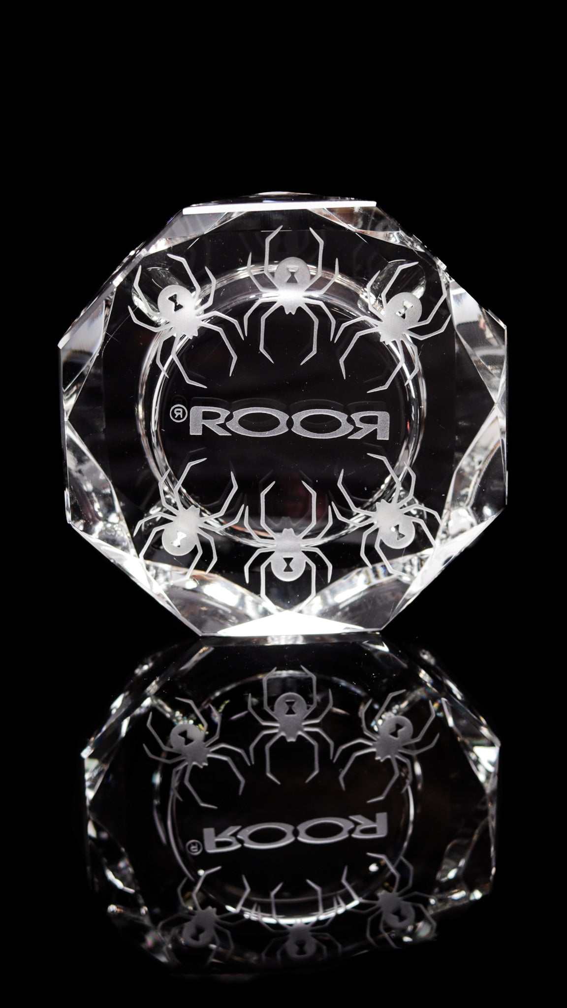 ROOR Glass Crystal Cut Ashtray Strains White Widow with spider design and engraved logo