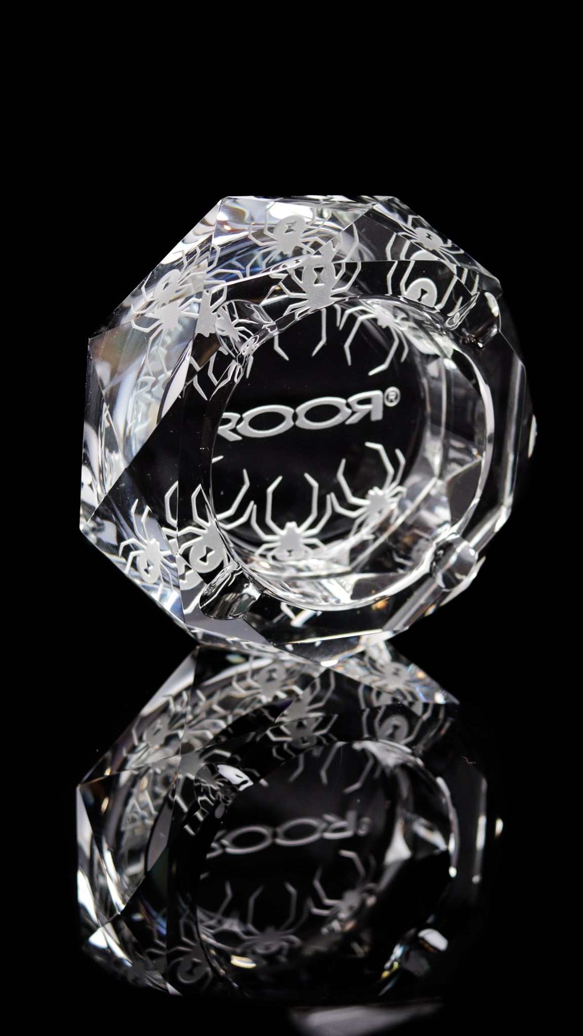 ROOR Glass Crystal Cut Ashtray Strains White Widow with intricate hand-cut crystal design and engraved details on black background
