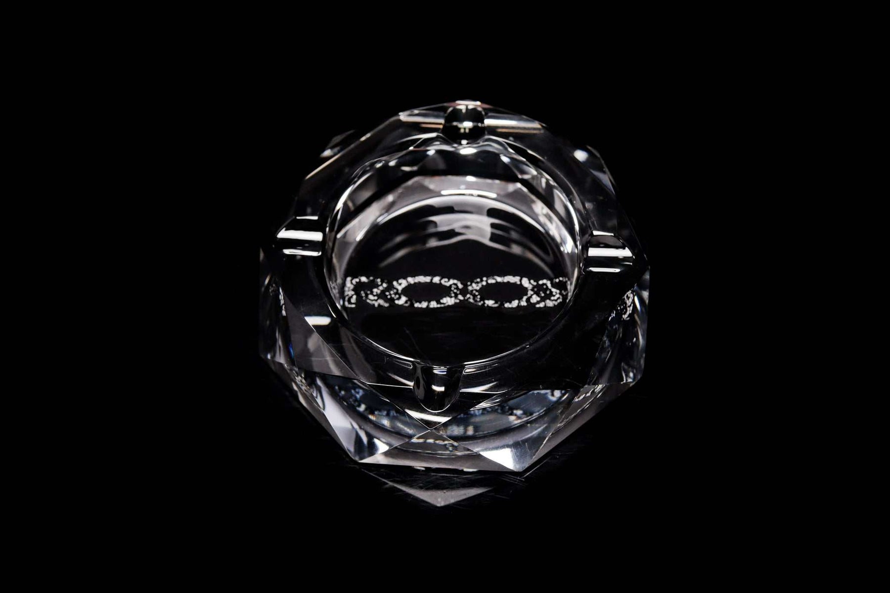 ROOR Glass Crystal Cut Ashtray with color decal on black background