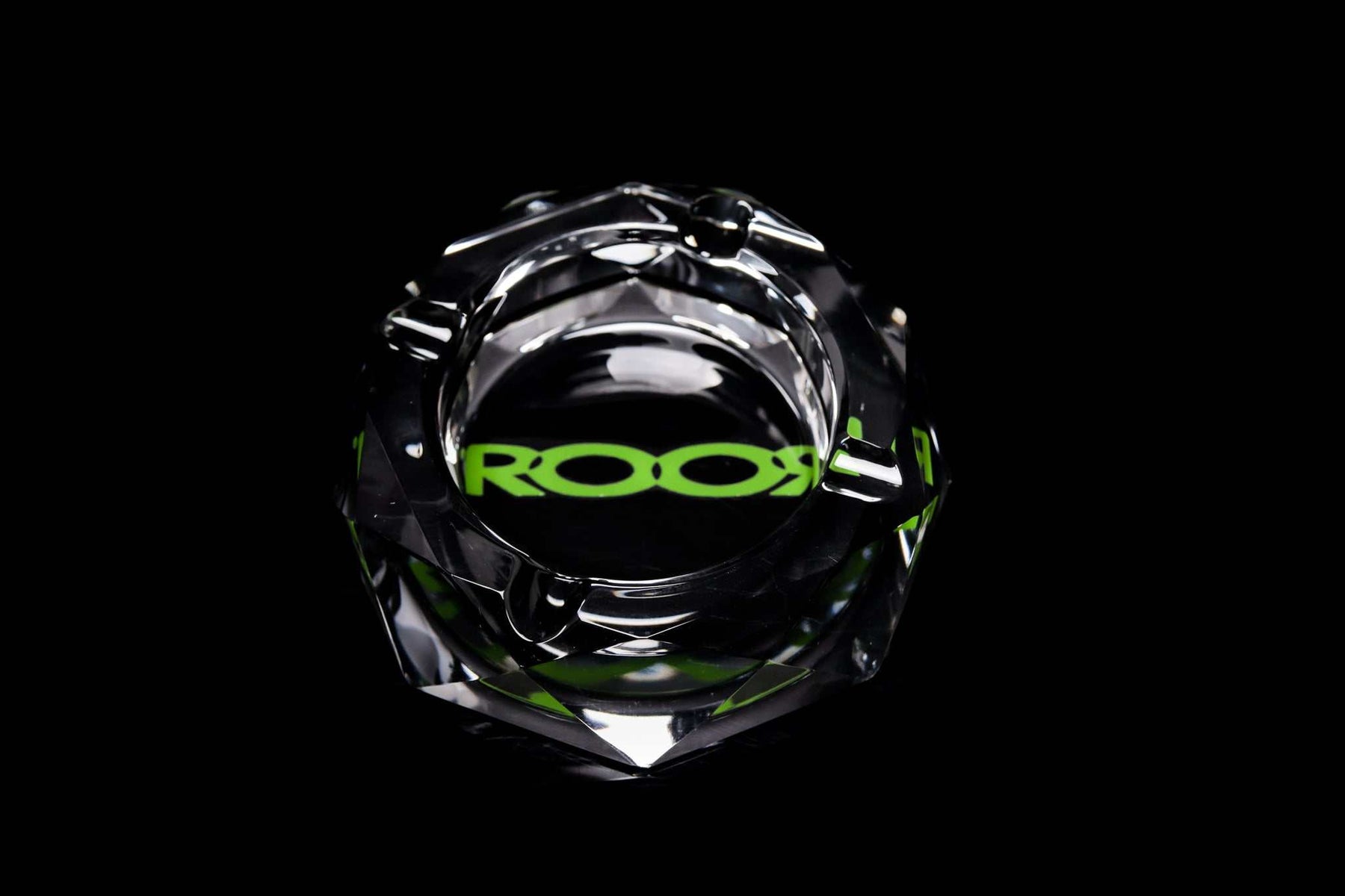 ROOR glass crystal cut ashtray with color decal on black background