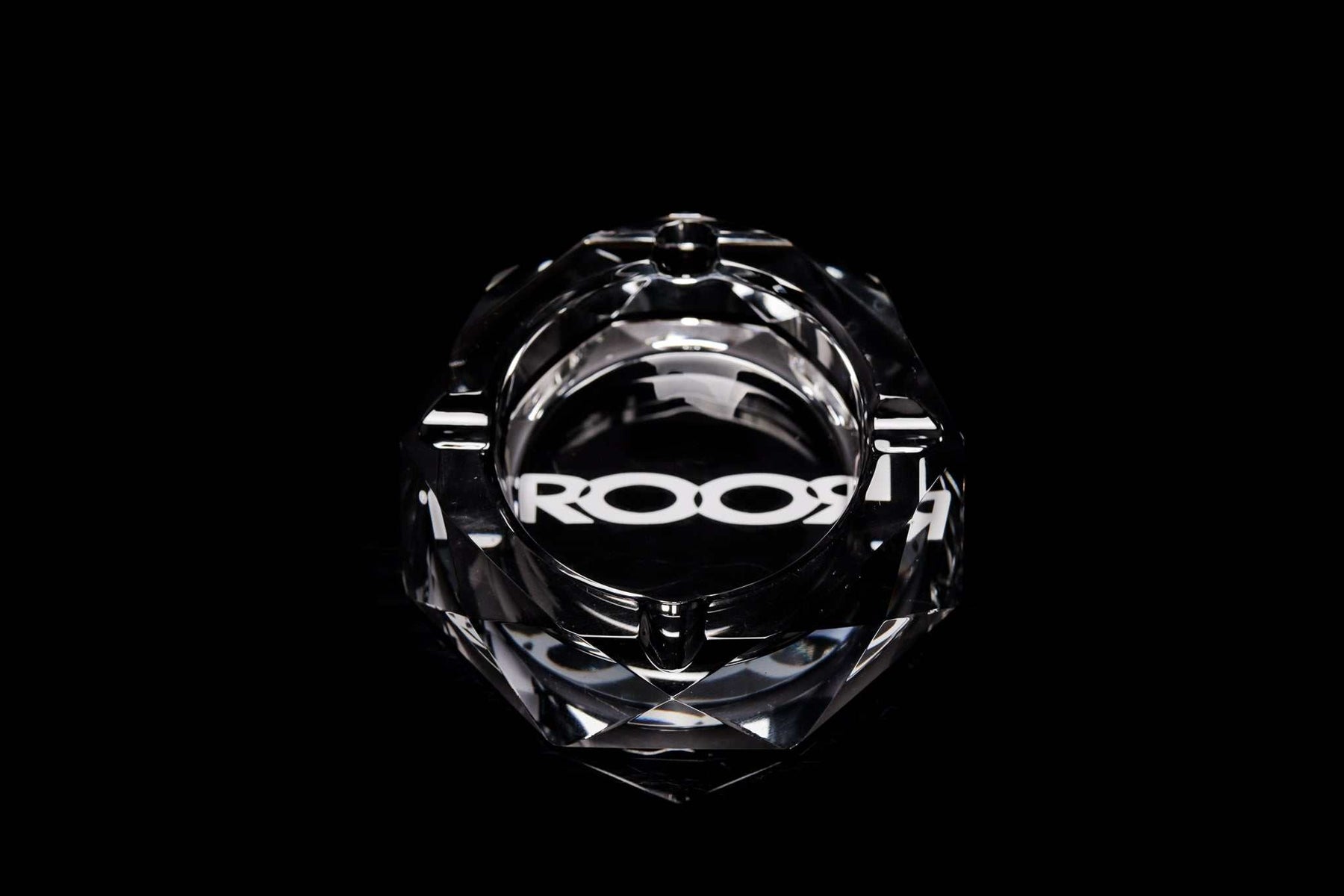 ROOR glass crystal cut ashtray with color decal on black background
