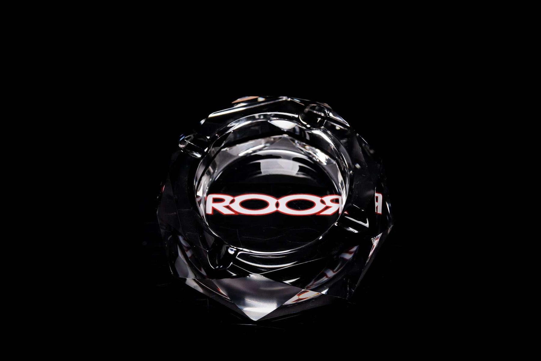 ROOR Glass crystal cut ashtray with color decal on black background