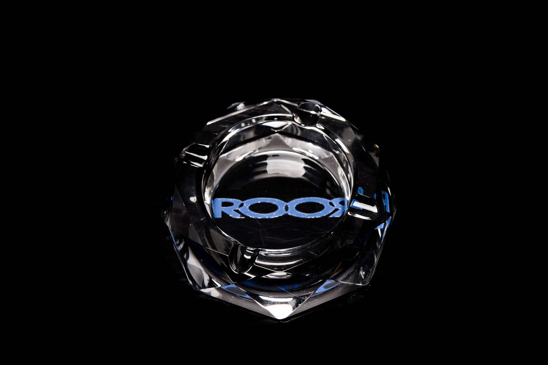 ROOR glass crystal cut ashtray with blue color decal on black background