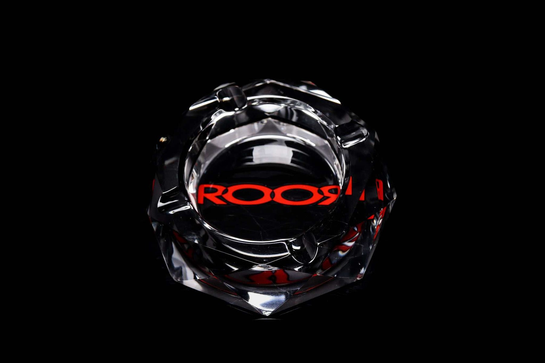 ROOR Glass Crystal Cut Ashtray with red color decal on black background