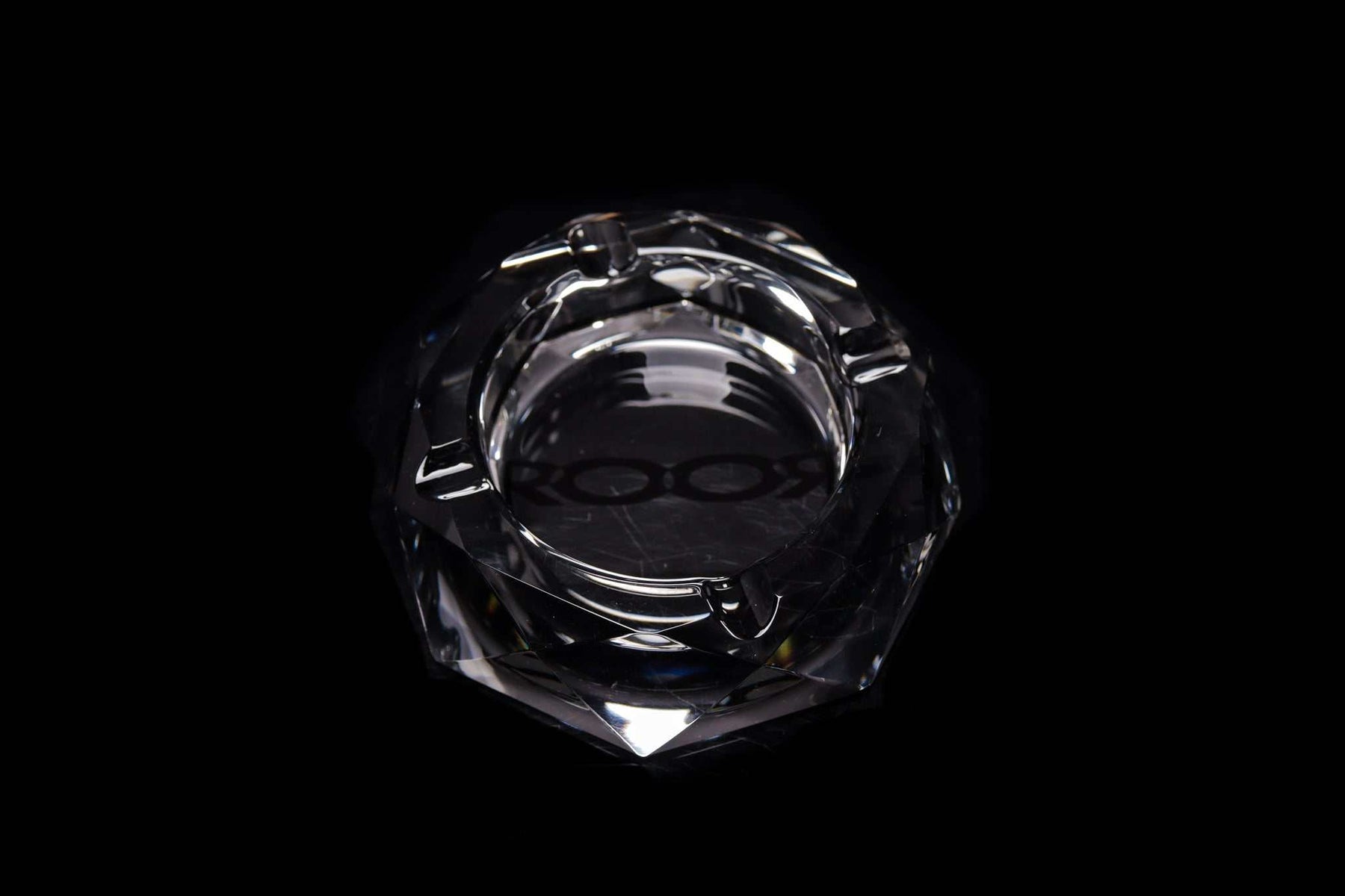 ROOR Glass crystal cut ashtray with color decal on black background