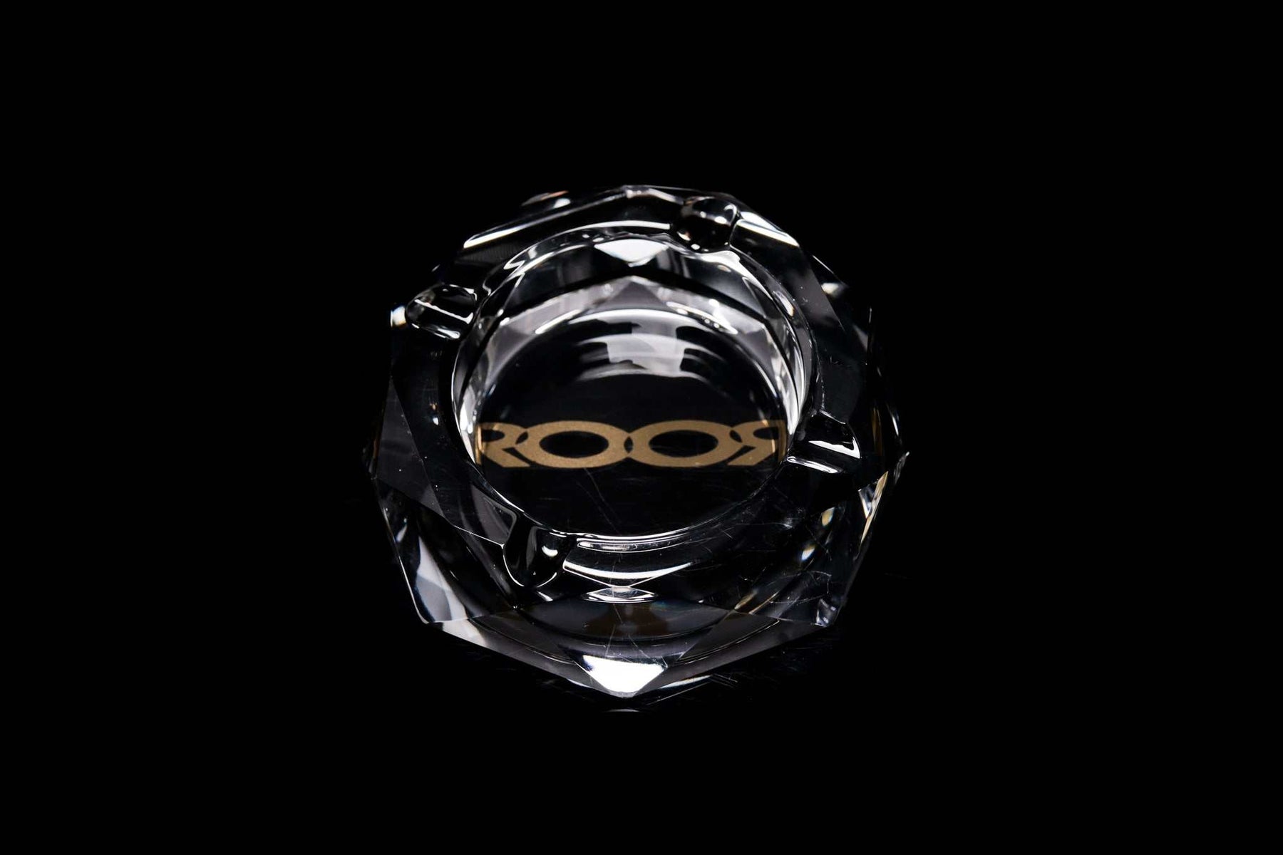 ROOR glass crystal cut ashtray with color decal on black background