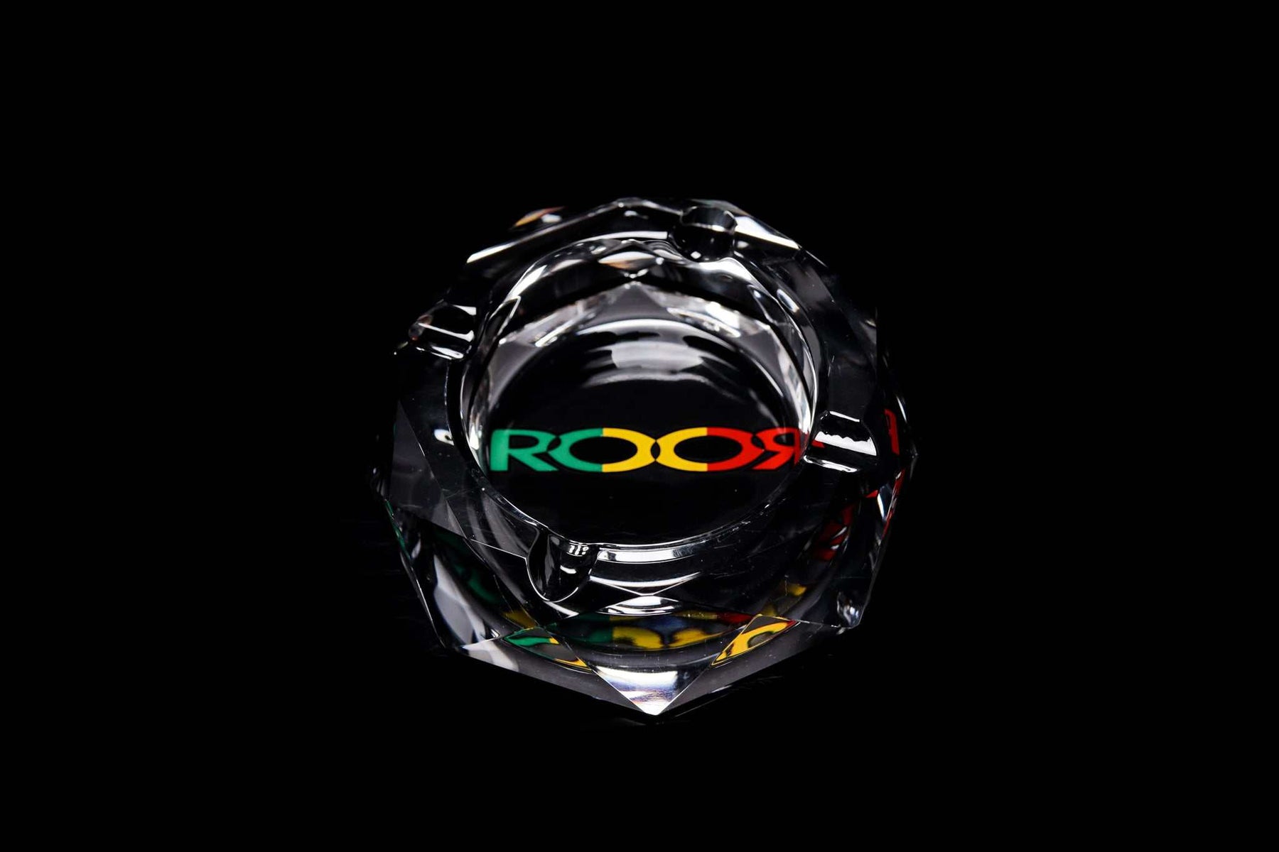 ROOR Glass crystal cut ashtray with colorful decal logo on black background