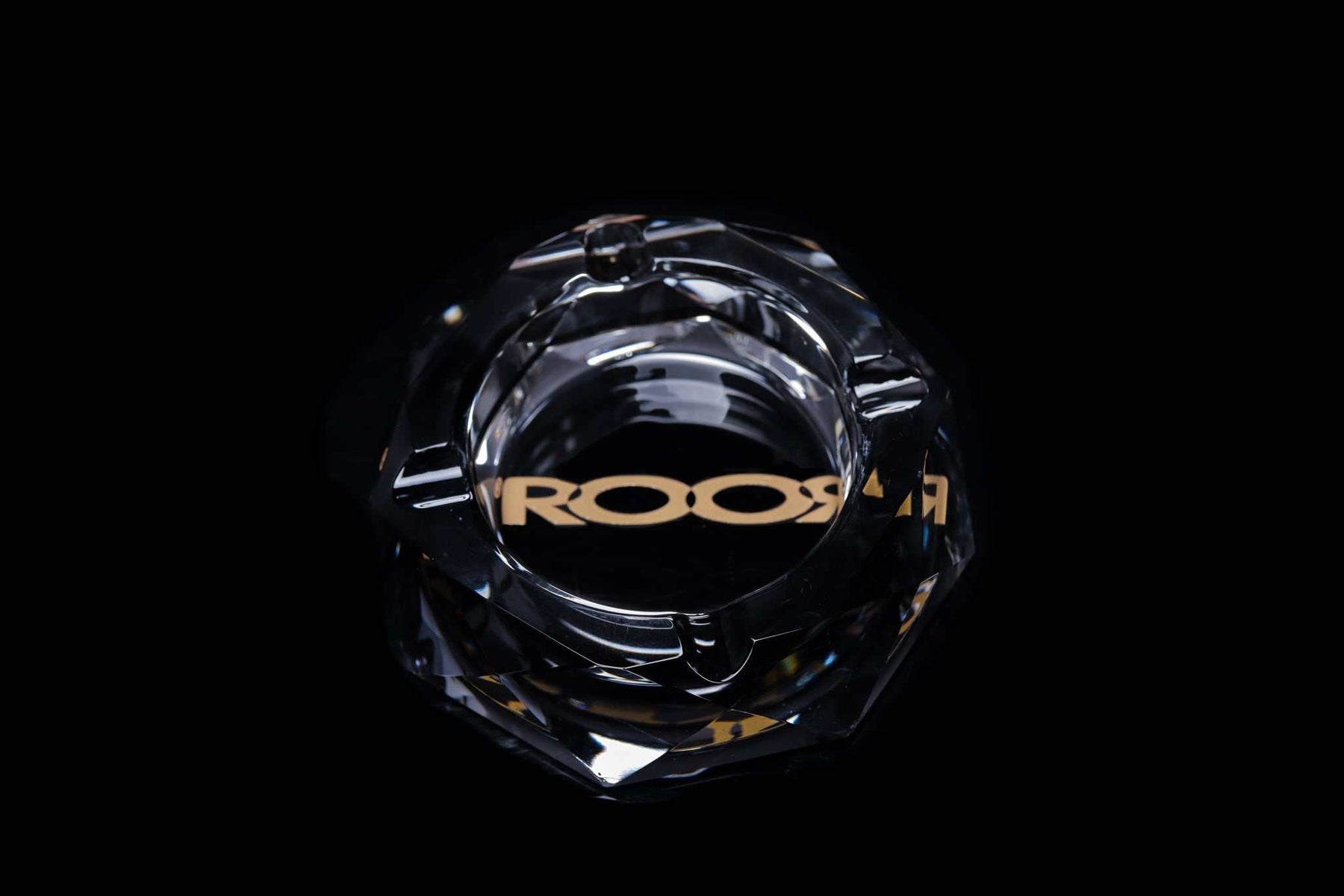 ROOR glass crystal cut ashtray with color decal on black background