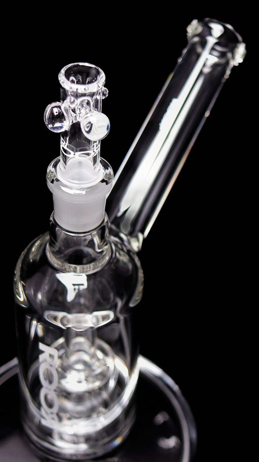 ROOR® Tech Fixed Barrel Bubbler Clear made from German Duran Schott glass with barrel percolator, mouthpiece, and neck.