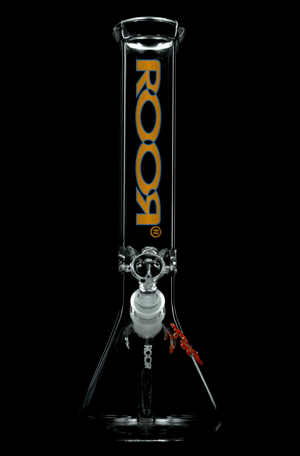 ROOR® Classic 14" Beaker with Orange and Blue accents, 45x5mm German Schott glass, featuring built-in ice pinches.