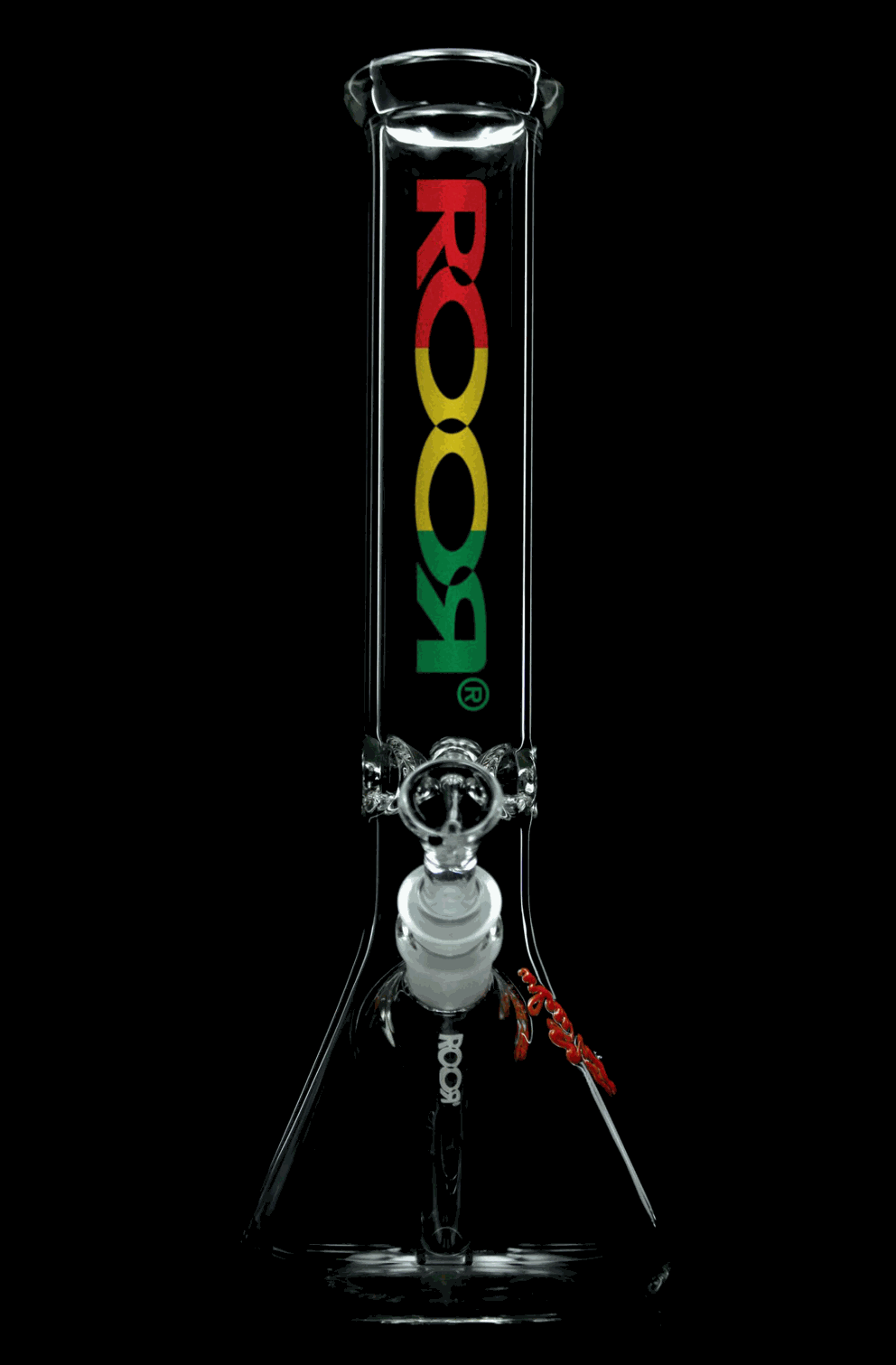 ROOR® Classic 14" Beaker with Rasta decal, 45x5mm German Schott glass, featuring built-in ice pinches.