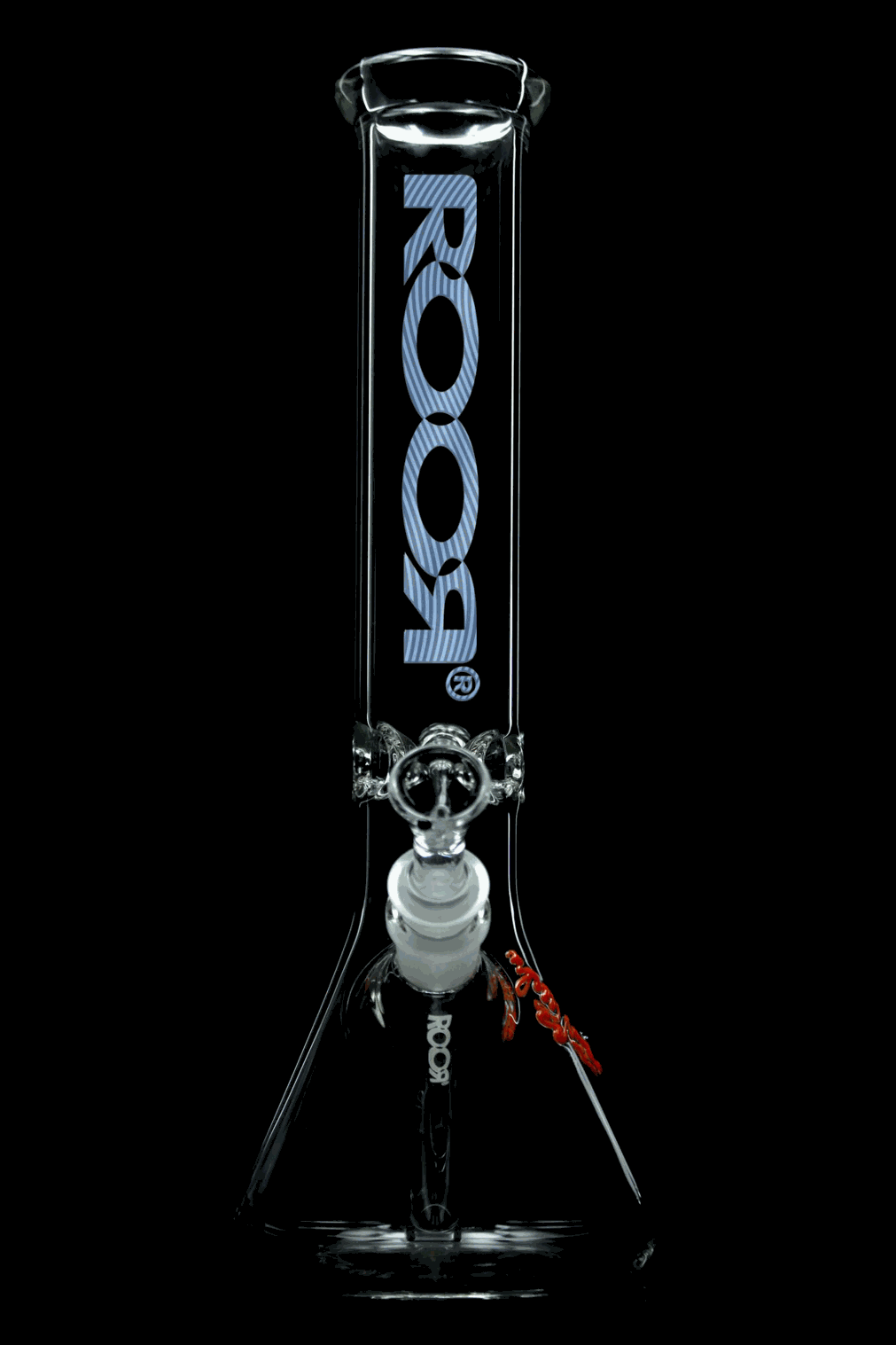 ROOR® Classic 18" Beaker 50x9mm with Too Blue Decal on black background.