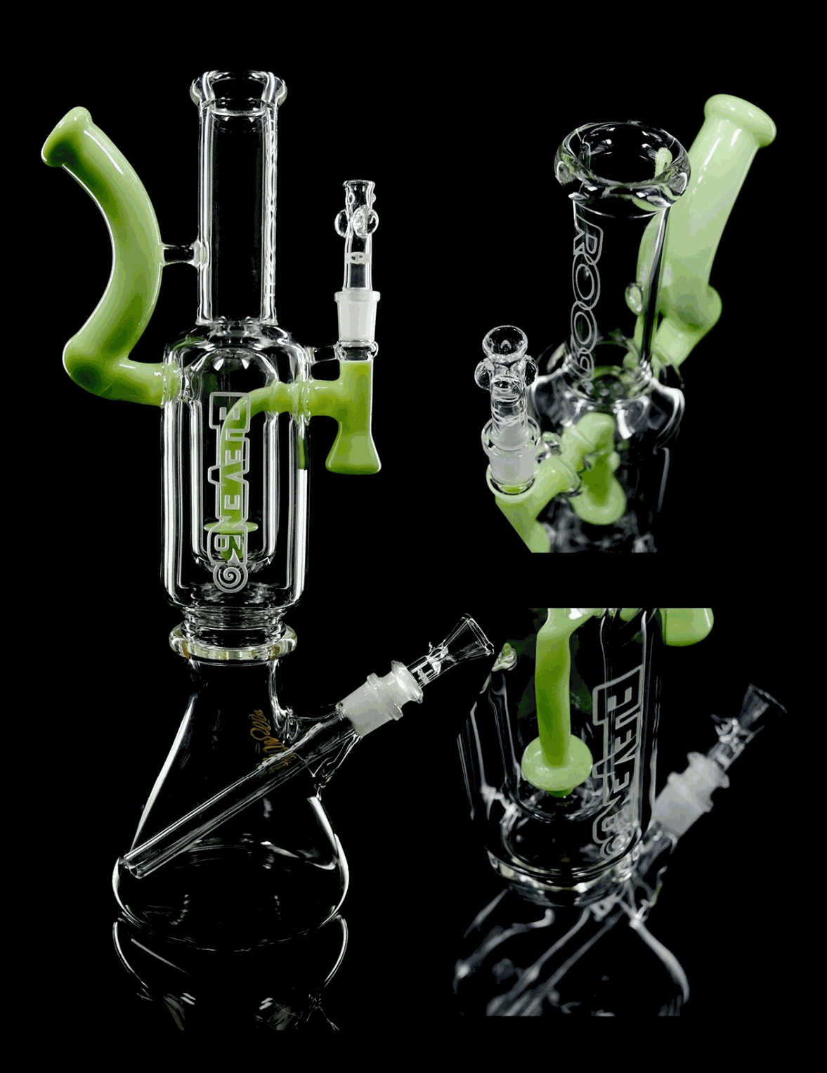 ROOR 1130 Beaker Green glass bong with green accents and clear body shown from multiple angles on black background