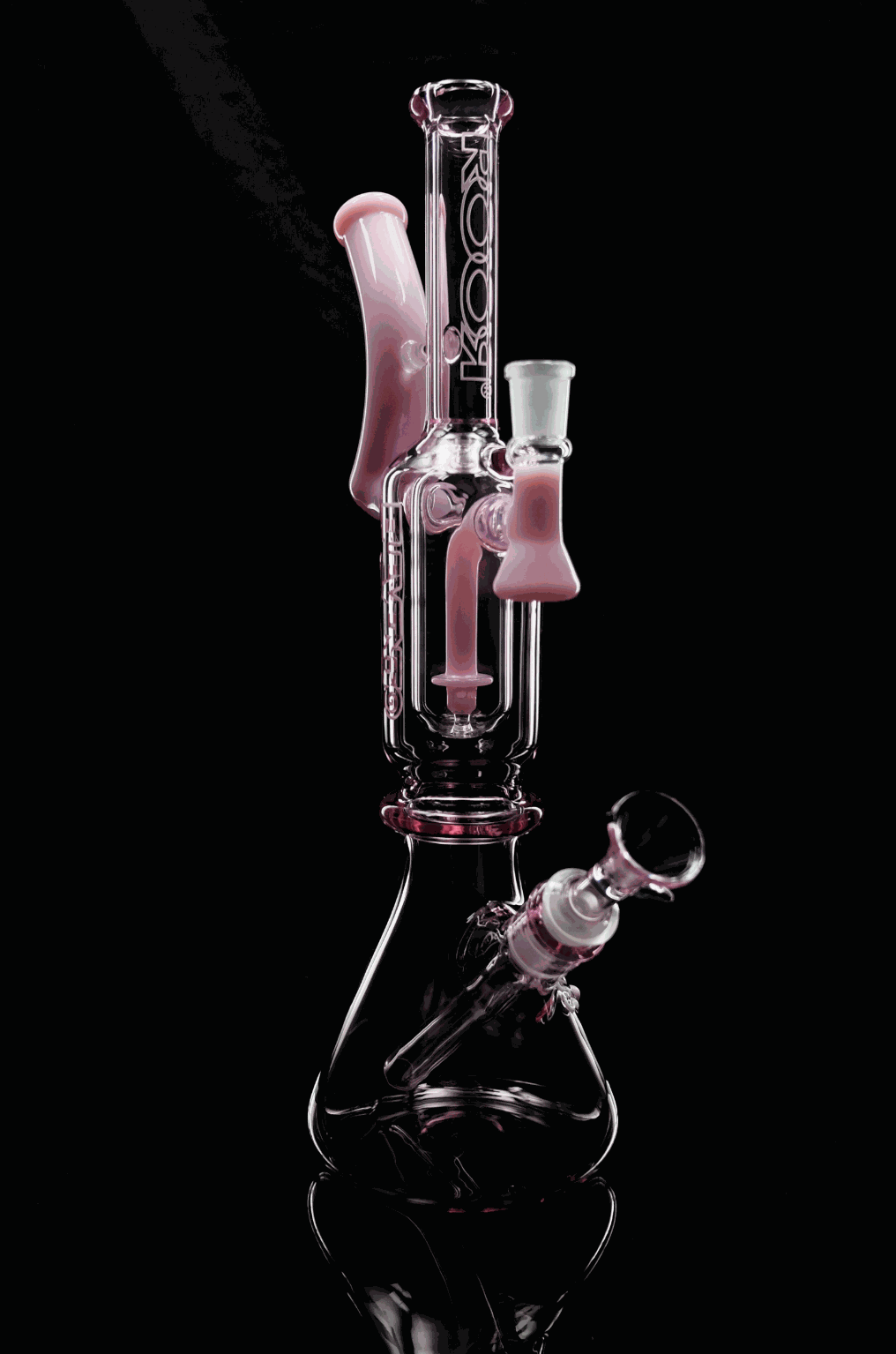 1130 Beaker Pink glass water pipe with dual chambers and pink accents.