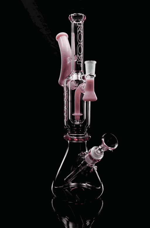 1130 Beaker Pink glass water pipe with dual chambers and pink accents.