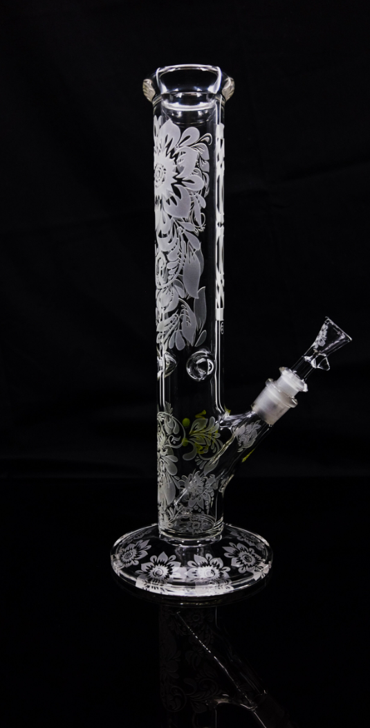 ROOR® Sandblasted 14" Straight glass bong with Big Daisy floral design on black background