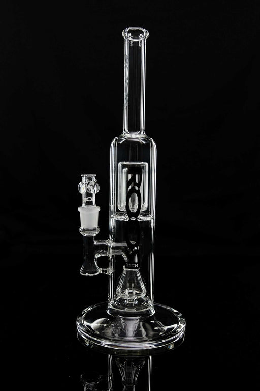 ROOR Tech Fixed 14-inch clear glass barrel bubbler with dual percolators and 18.8mm joint.