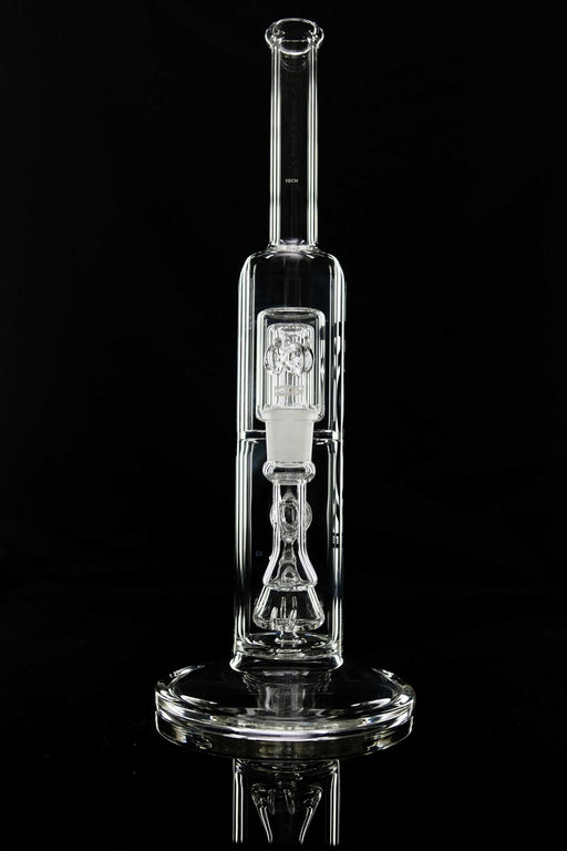 Clear ROOR Tech Fixed 14" 50x5 Barrel Bubbler with dual percolators and stemless design made from German Duran Schott glass