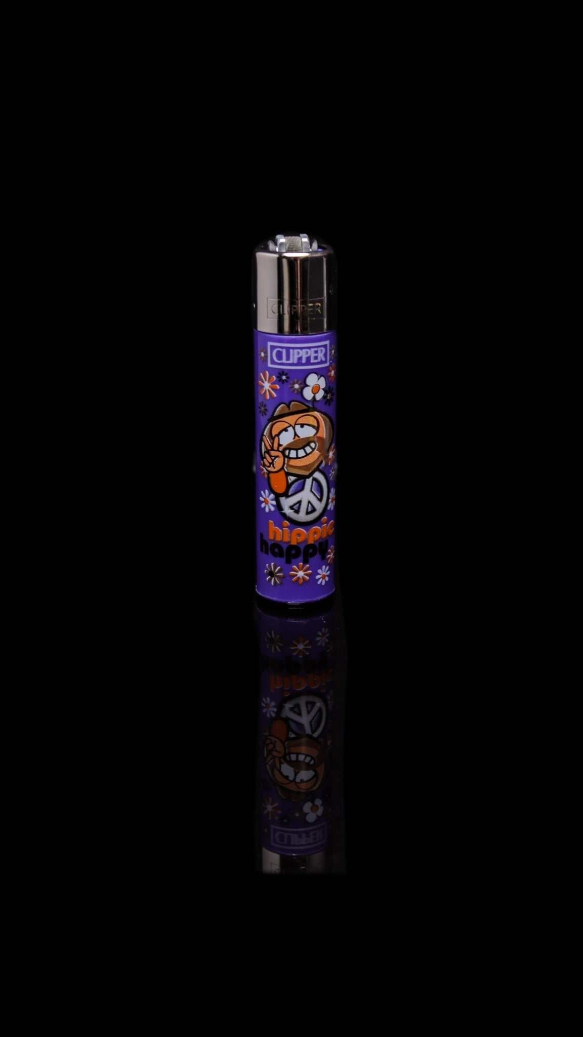 Clipper lighter with hippie design featuring peace and freedom symbols on a purple background