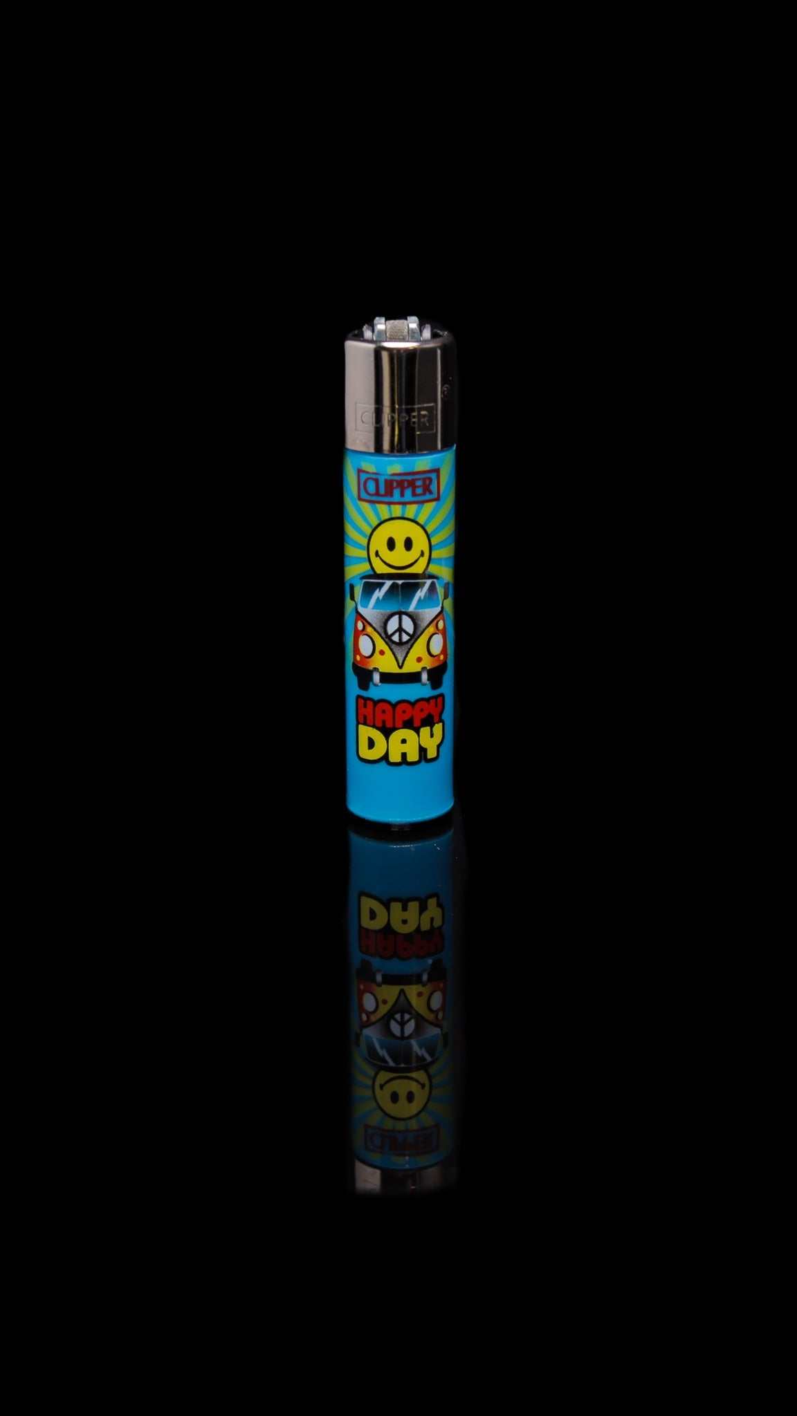 Clipper lighter with hippie design featuring peace symbols and "Happy Day" text on blue background