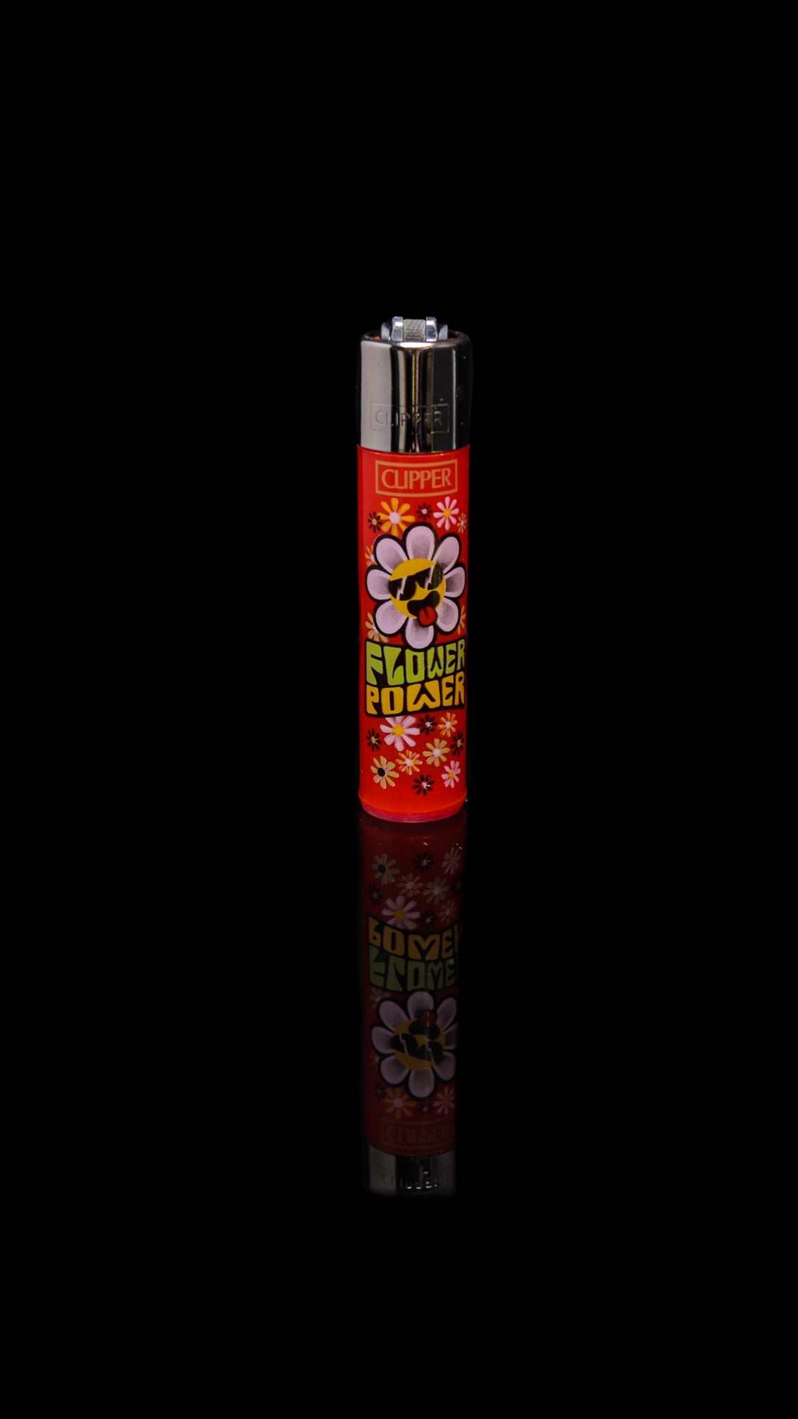 Clipper lighter with hippie design featuring peace and flower power graphics on red background