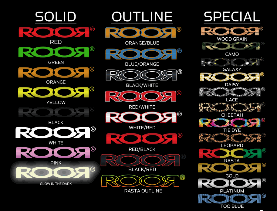 ROOR ZUMO 18" 60x5mm glass tube decal options in solid, outline, and special designs.