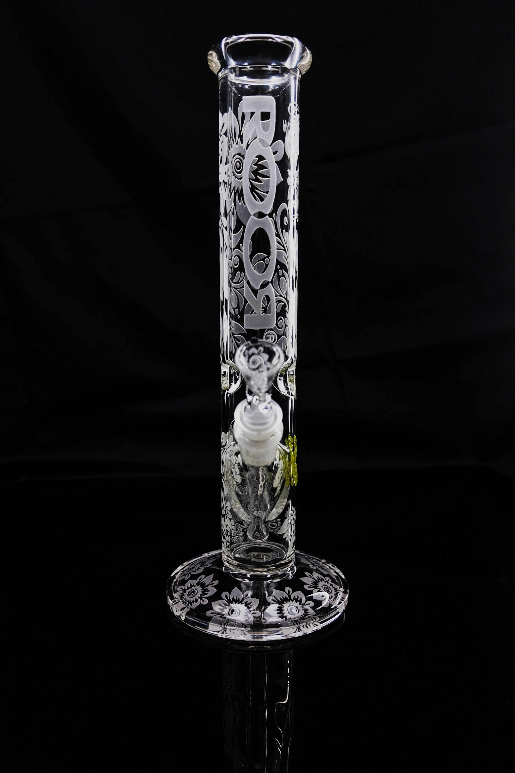 ROOR® Sandblasted 14" Straight 50x5mm Big Daisy glass water pipe with floral design on a black background