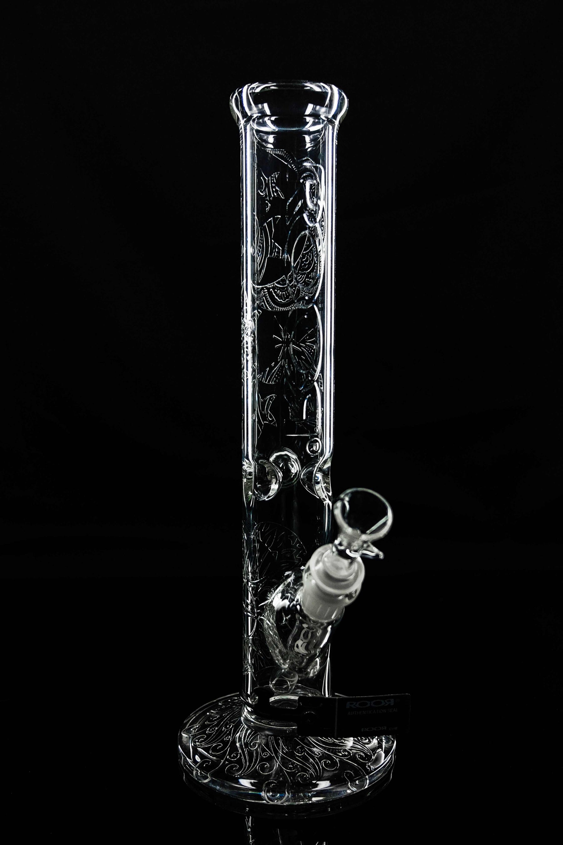 ROOR® Sandblasted Flame Polished 14" Straight 50mm clear glass water pipe bong with intricate designs