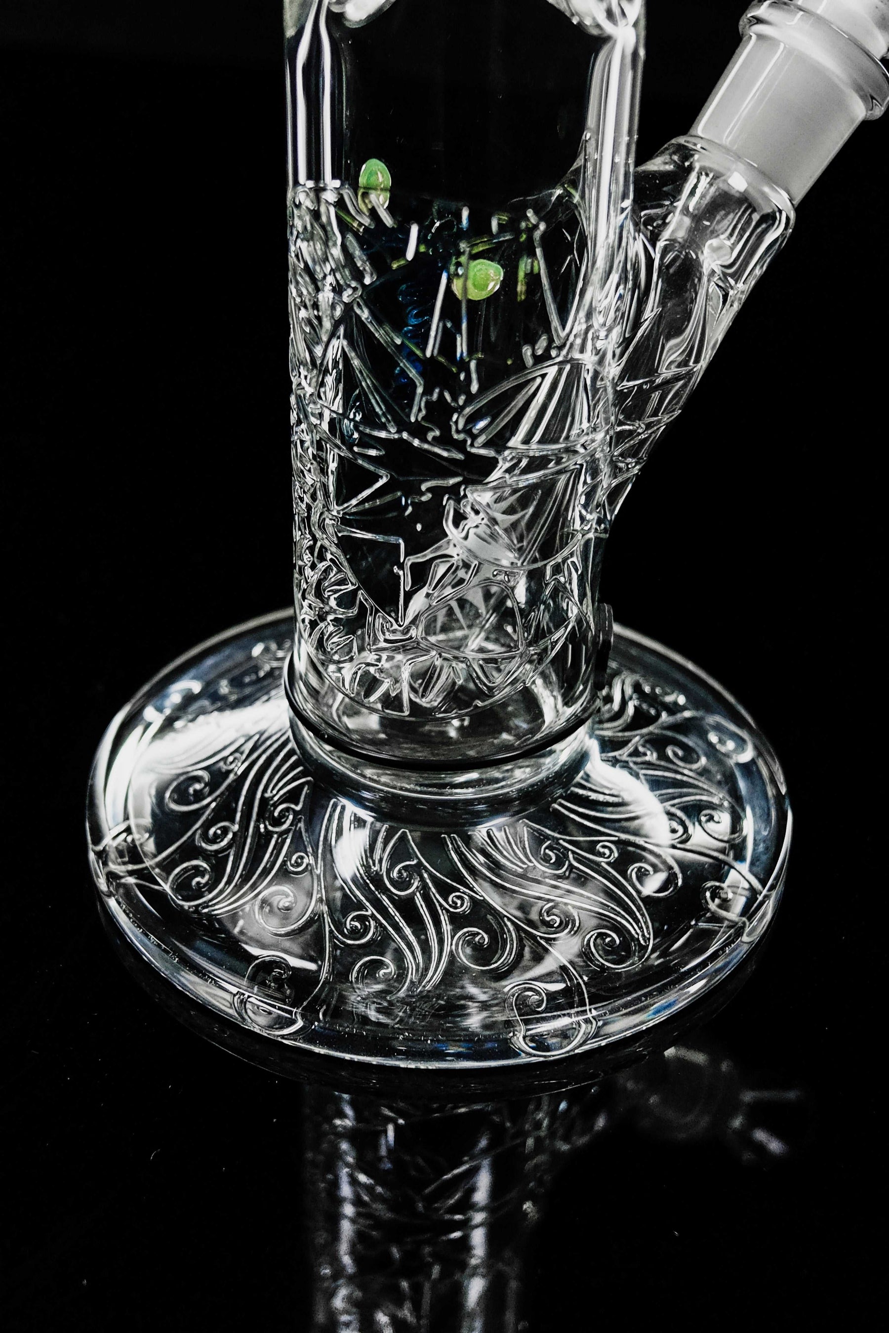 ROOR® Sandblasted Flame Polished 14" Straight 50mm clear glass bong with intricate etched design and angled neck