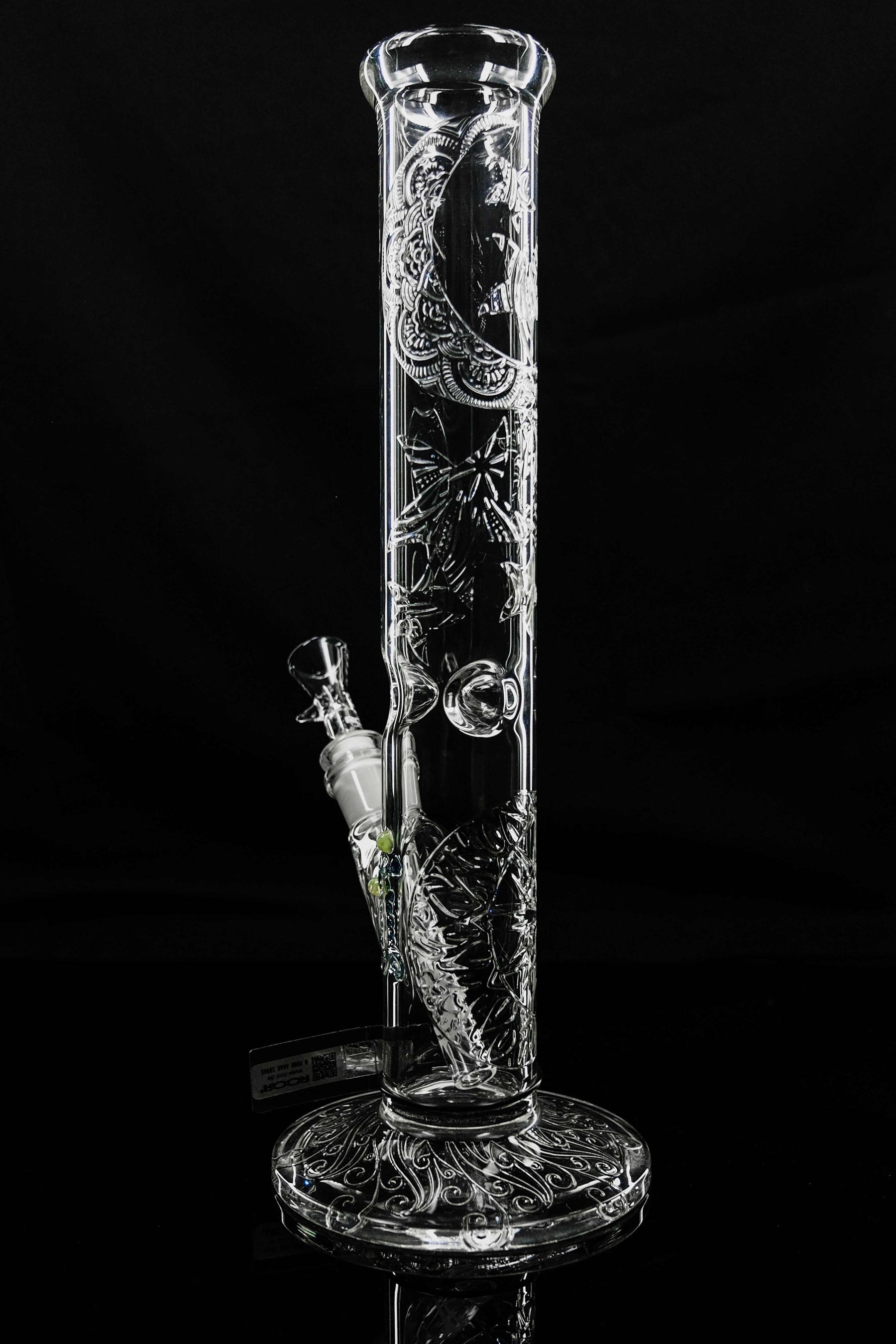 ROOR® Sandblasted Flame Polished 14" Straight 50mm glass bong with intricate engravings on black background