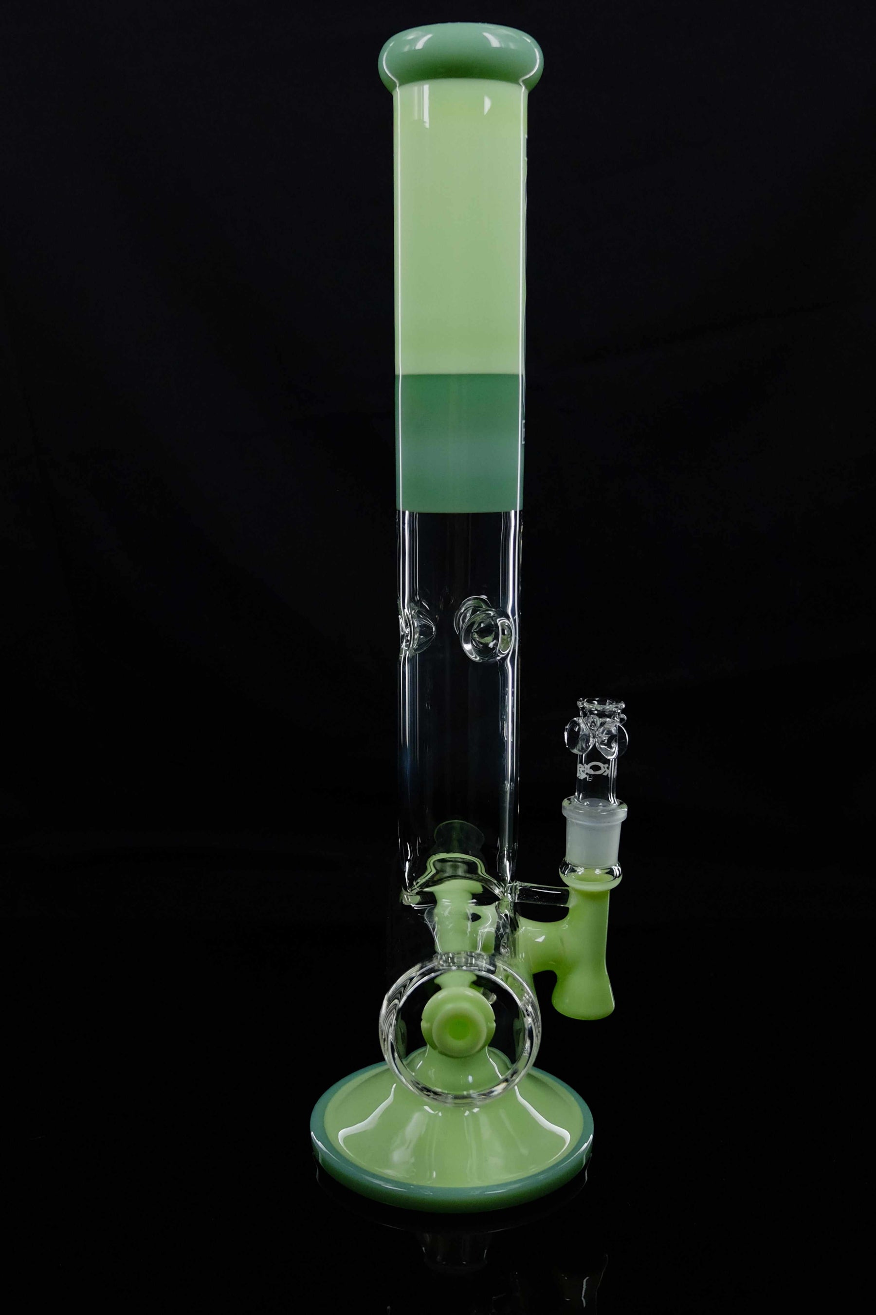 ROOR® Tech 18” Inline water pipe in Milky and Mint colors with black decal on a black background