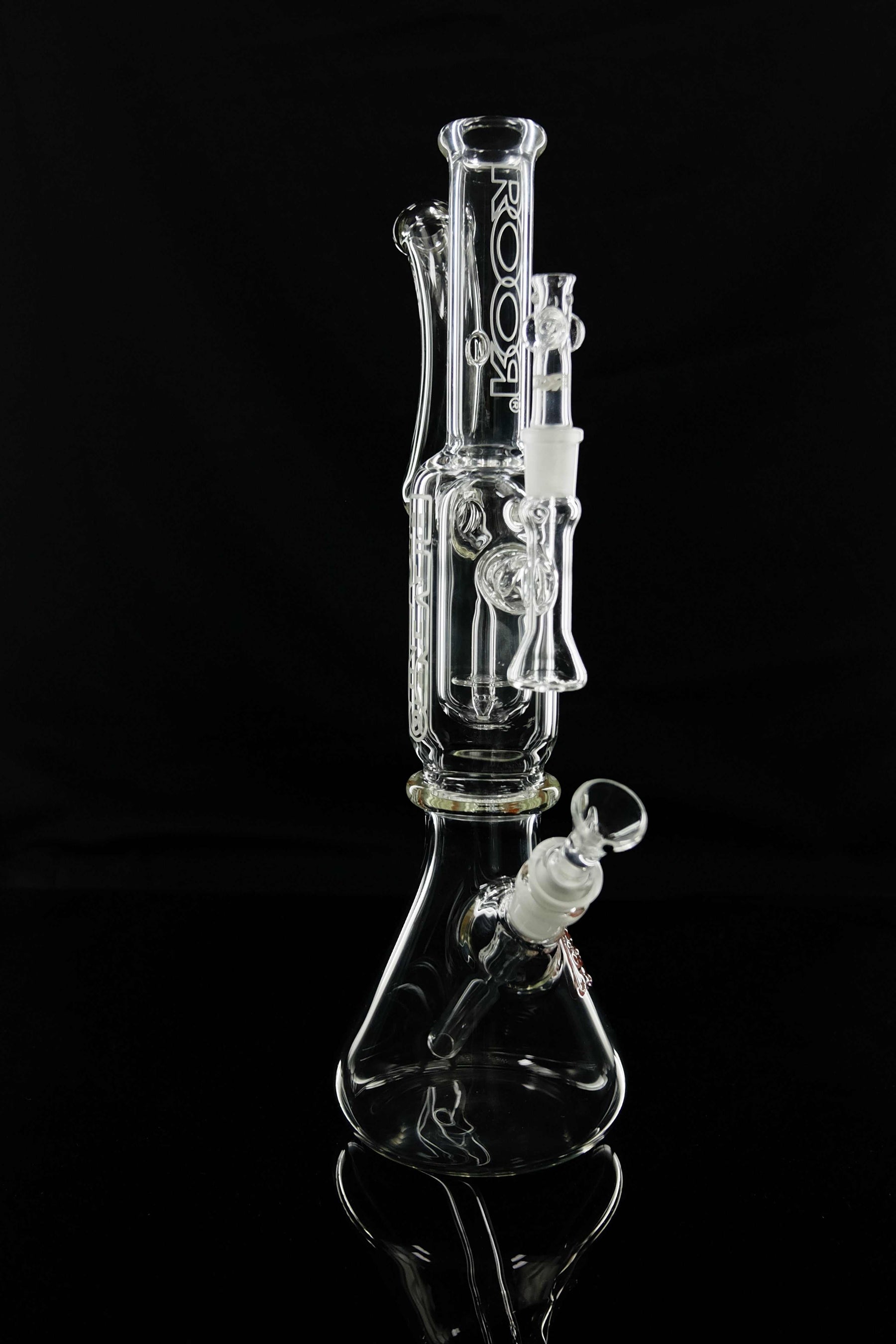 ROOR® X 1130 Mini Beaker clear glass water pipe with dual-chamber and percolator on black background