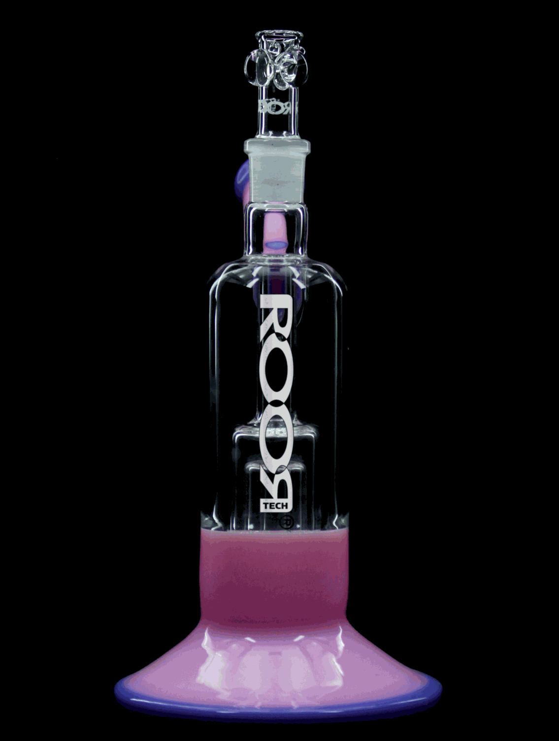 ROOR® Tech Fixed Barrel Bubbler in purple and pink glass with white logo on black background