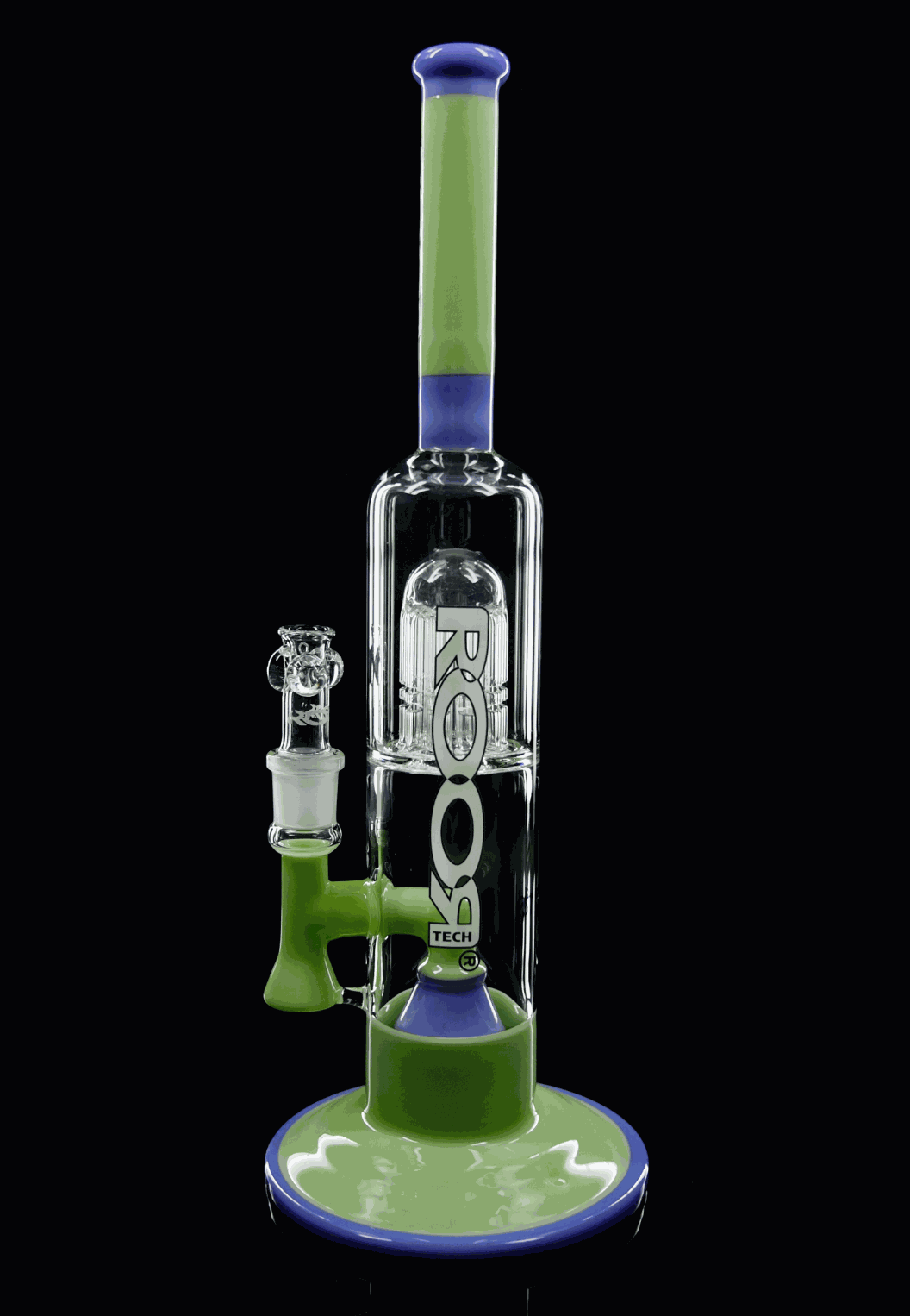 ROOR Tech Fixed 14” stemless bubbler in purple and green with dual percolators and glass bowl.