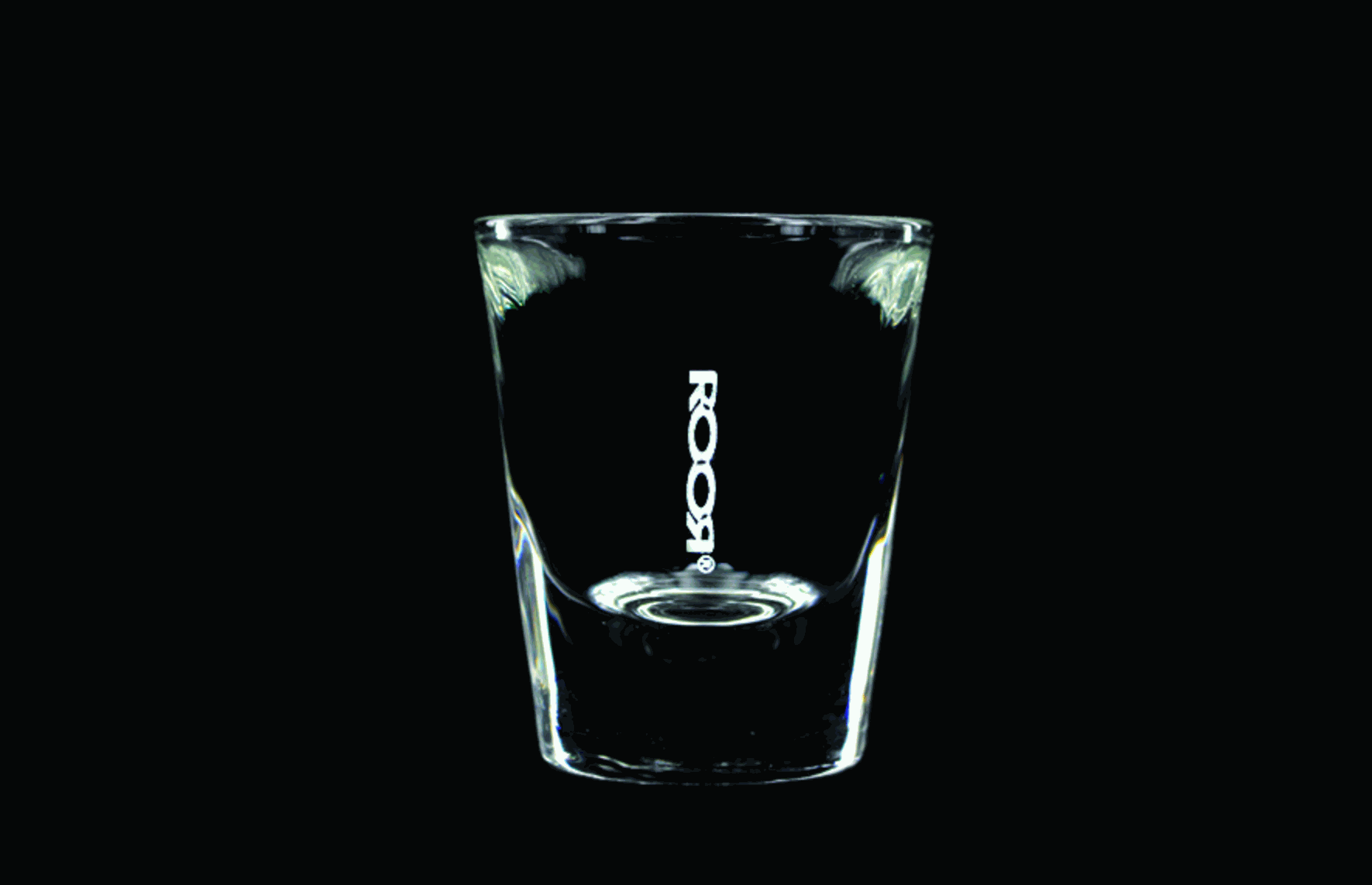 ROOR Shot Glass with thick clear base, 1oz, featuring assorted decal colors.