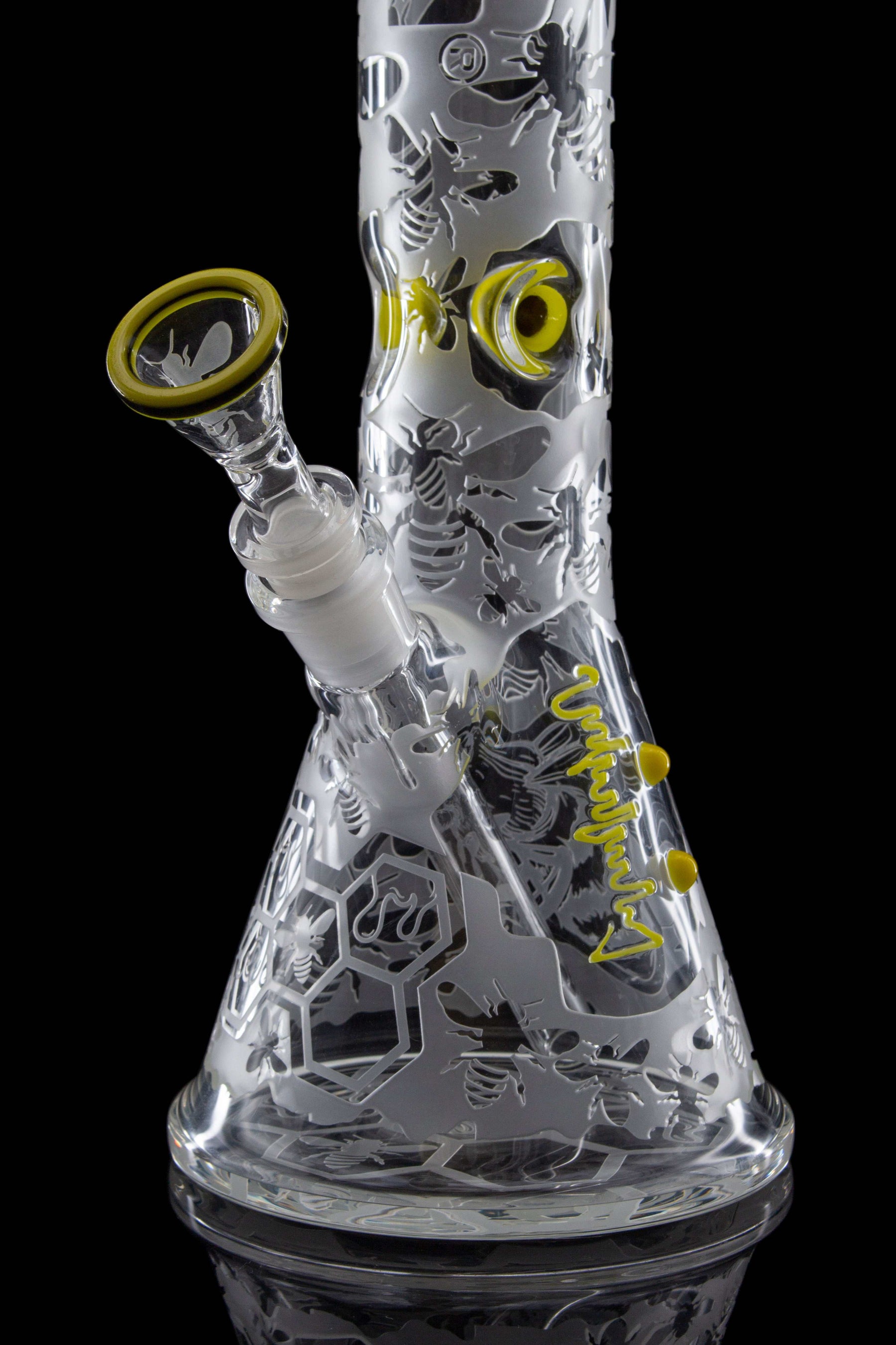 ROOR HONEYBEE 18 inch beaker glass bong with yellow accents and detailed sandblasted honeybee design