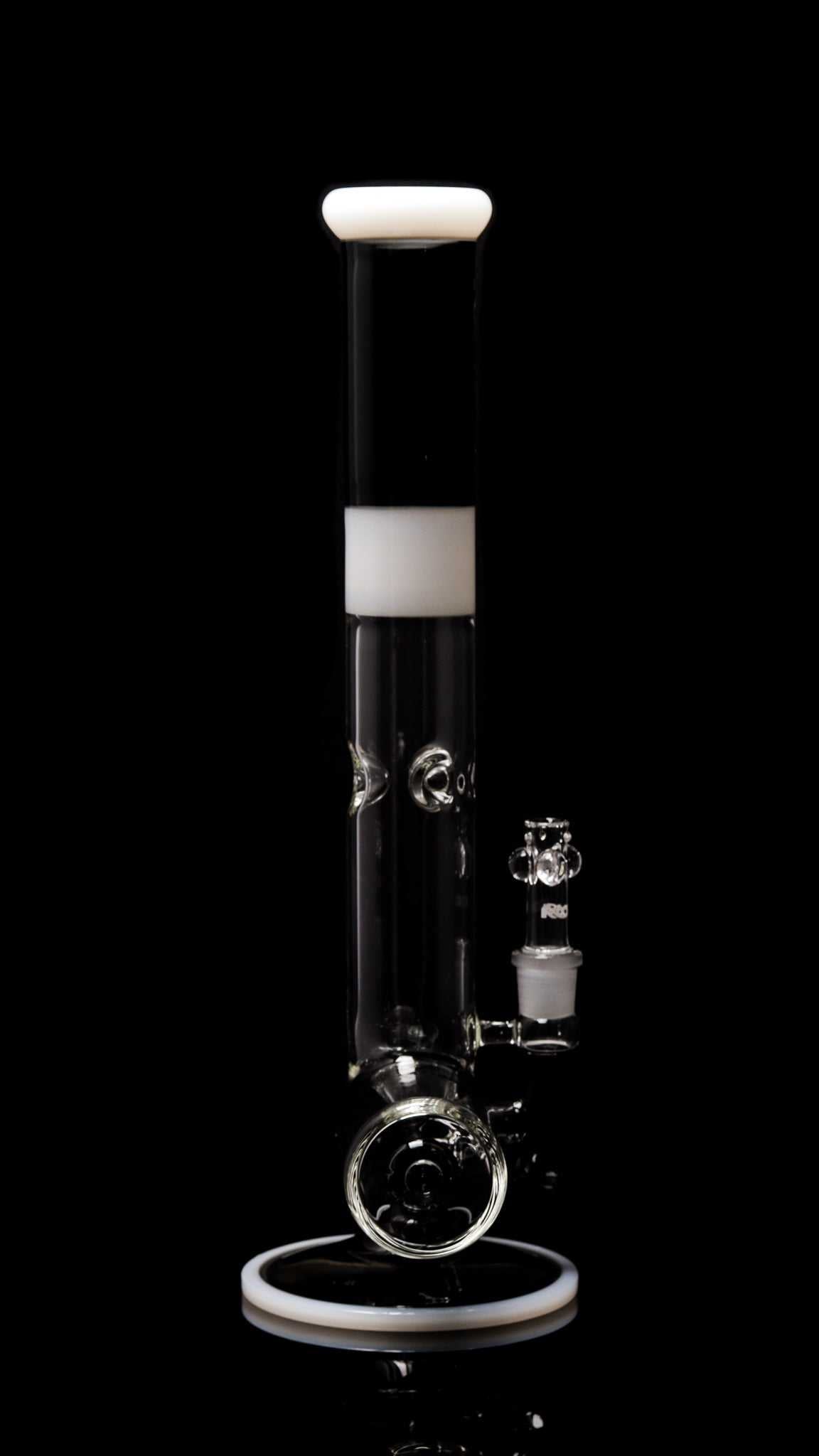 ROOR® Tech 18” Inline bong with smokey grey and white sandblasted logo, glass craftsmanship.