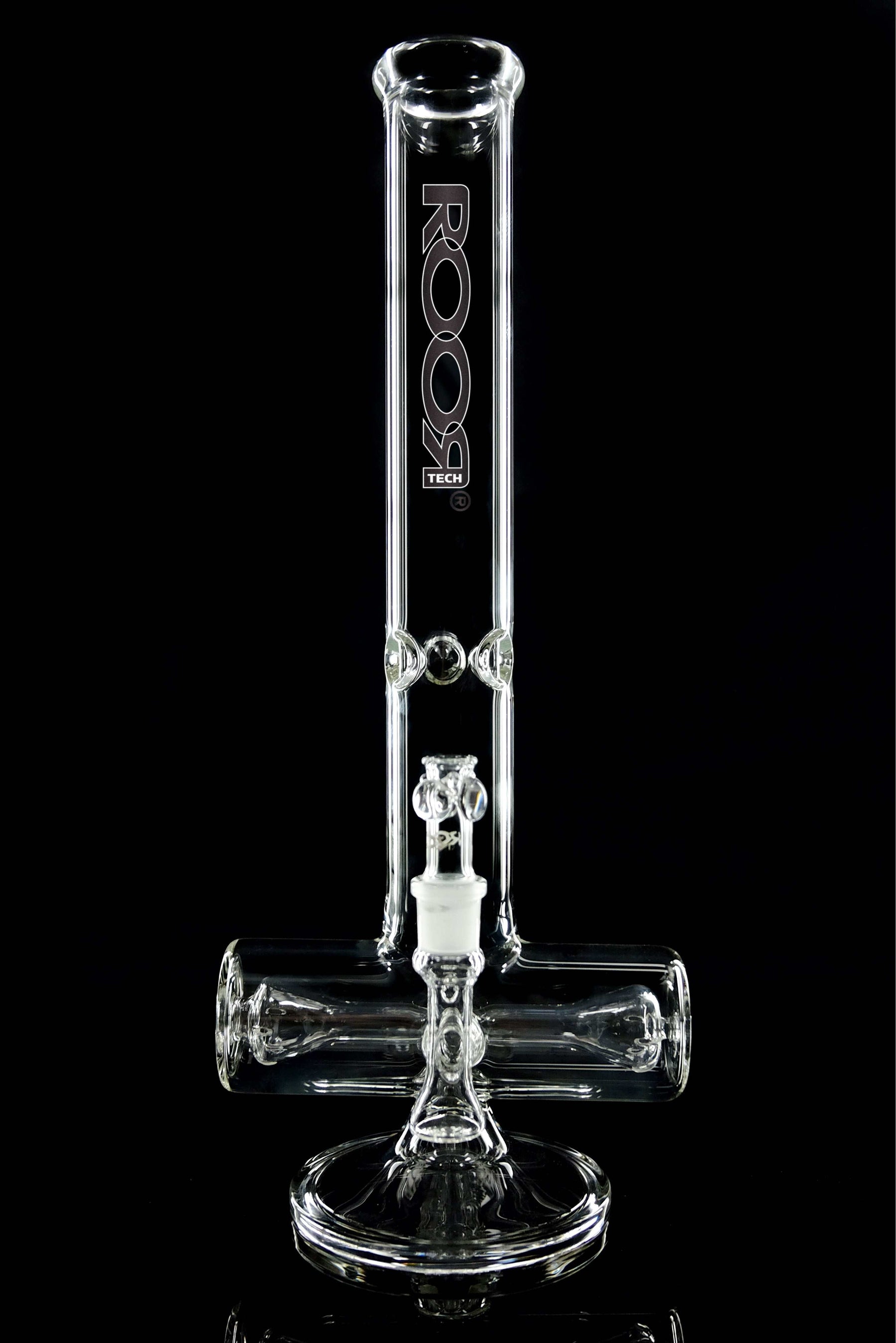 ROOR Tech 18-inch clear glass inline bong with 50x5mm thickness and built-in ash catcher