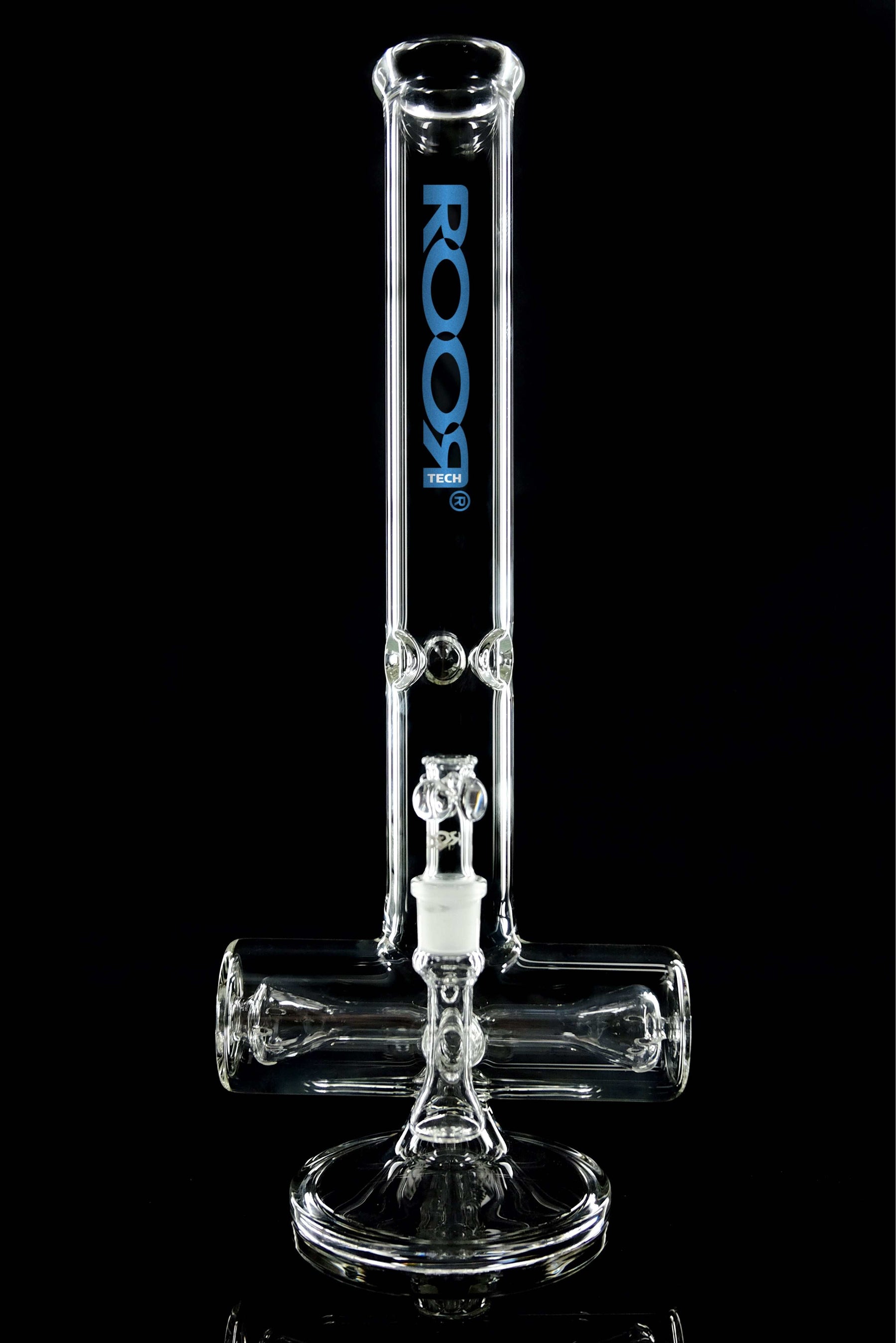 ROOR Tech 18” Inline 50x5mm clear glass water pipe with blue logo and inline percolator.