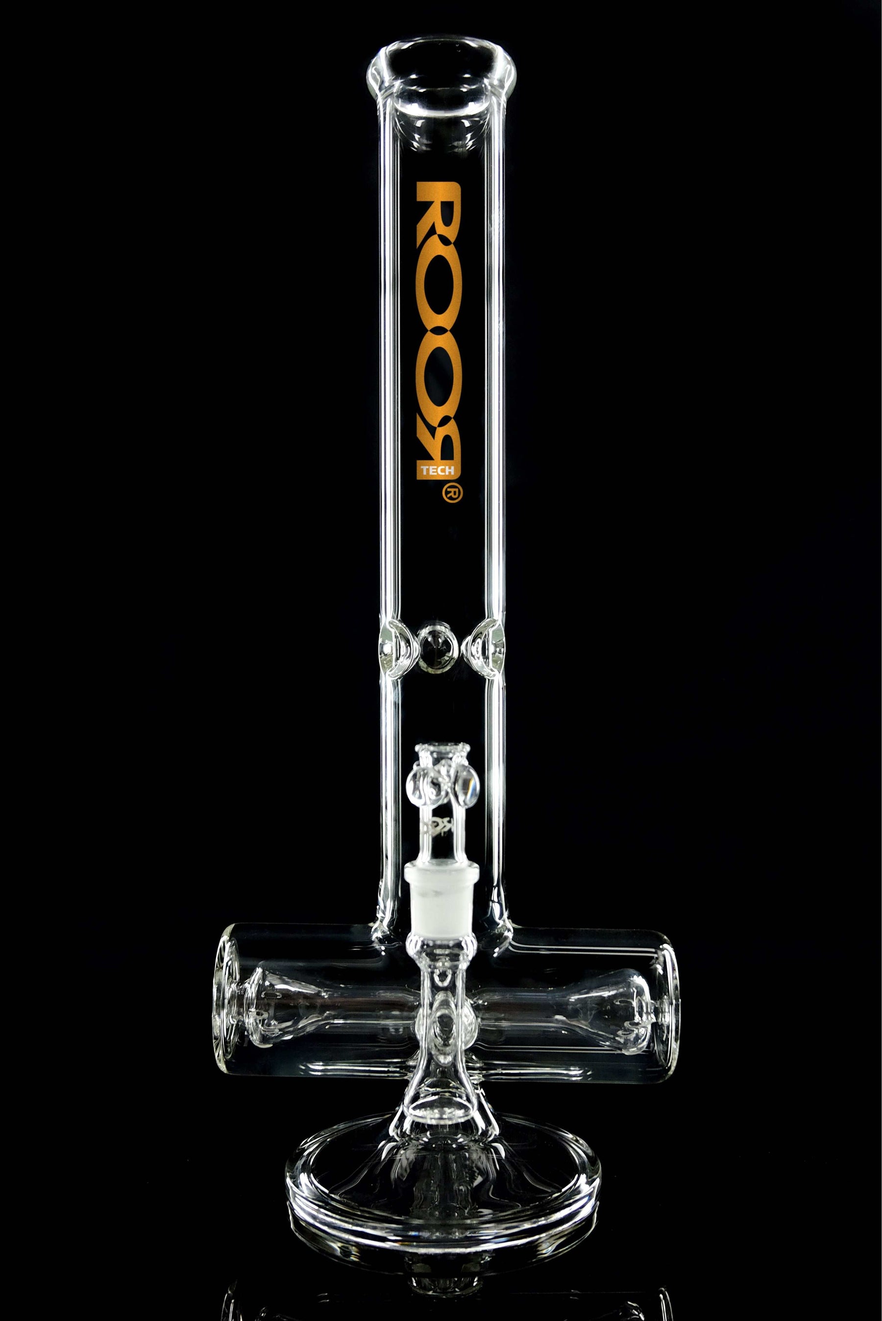 ROOR Tech 18-inch inline clear glass bong with 50x5mm thickness and orange logo decal